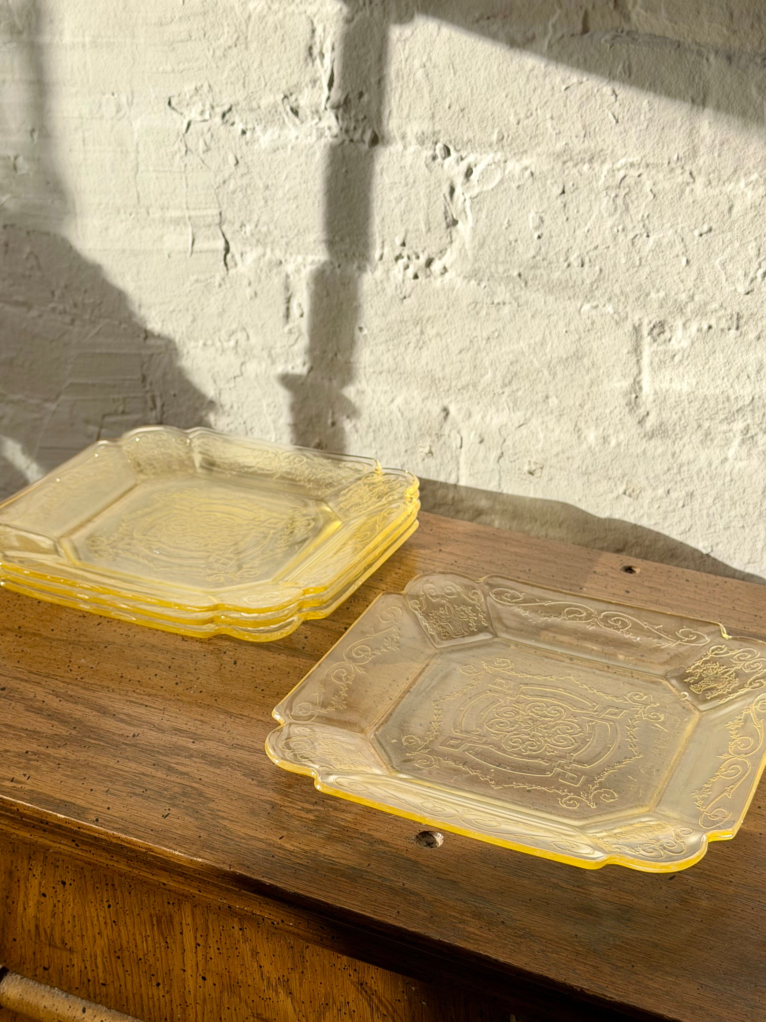 Depression Era Etched Yellow Glass Dinner Plates