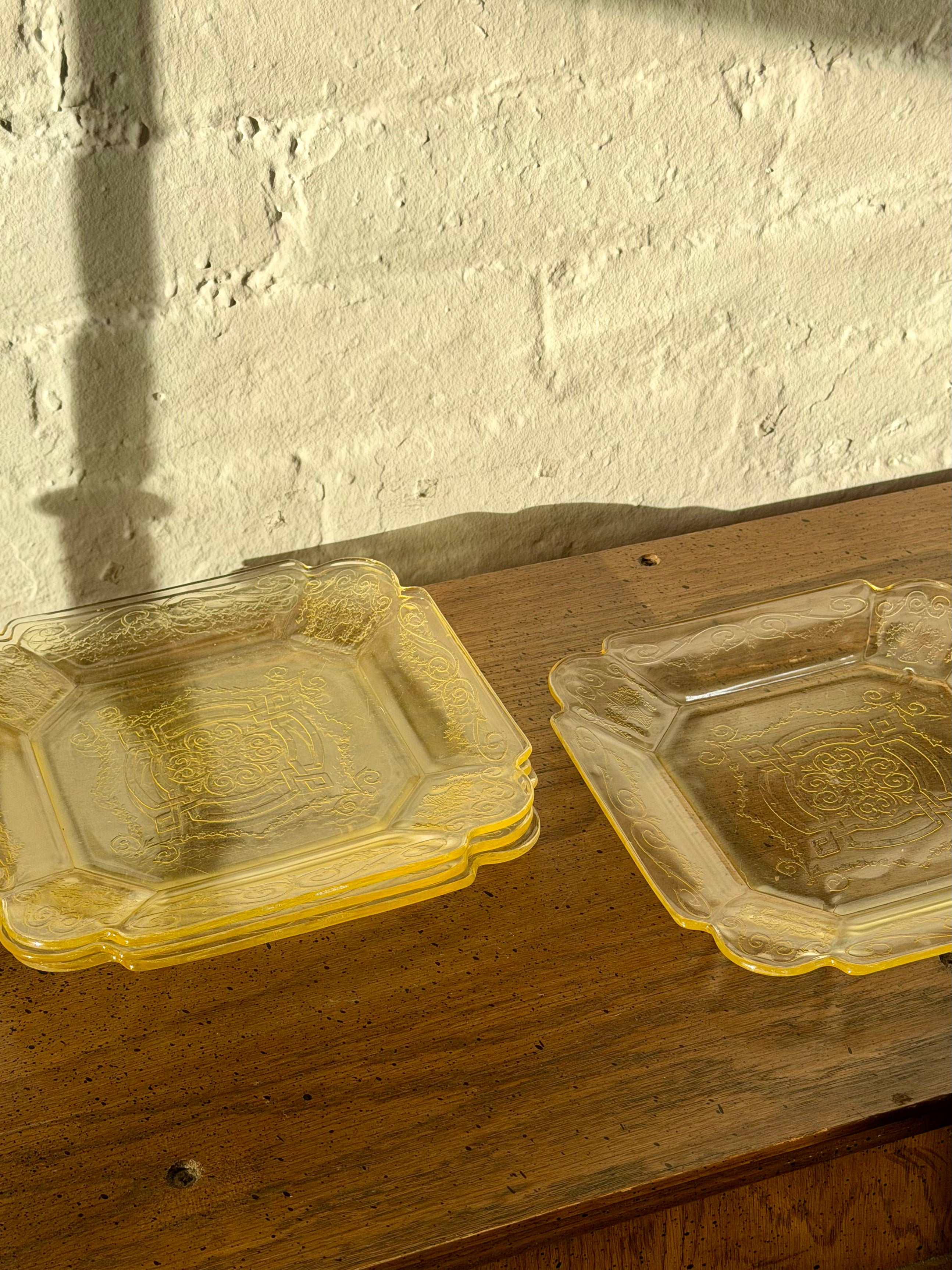 Depression Era Etched Yellow Glass Dinner Plates