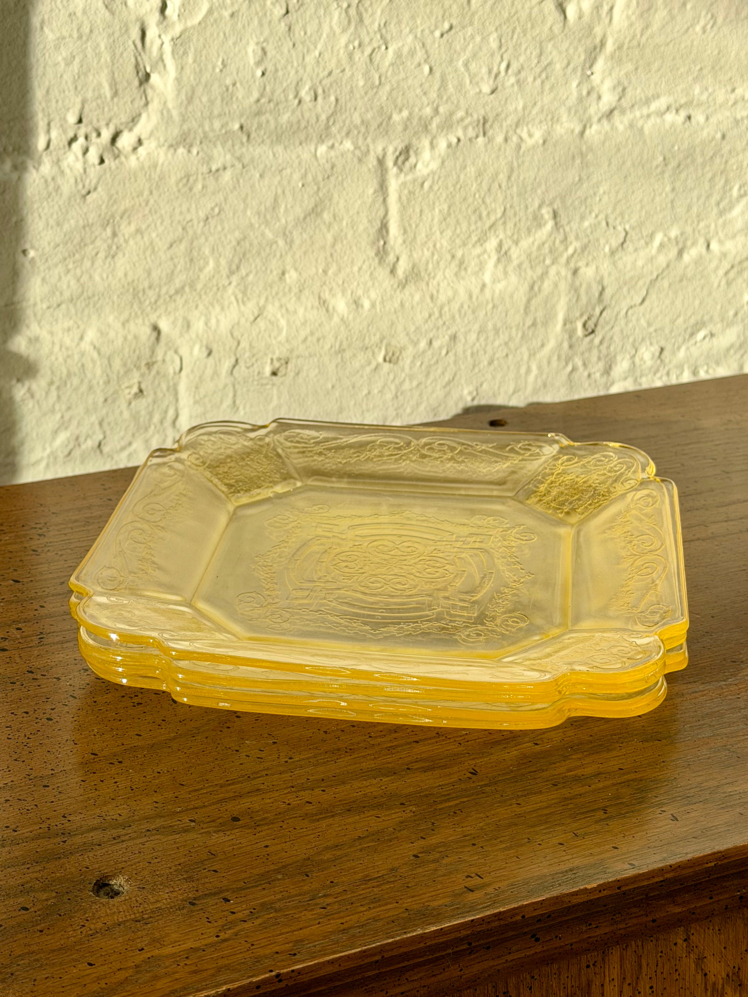 Depression Era Etched Yellow Glass Dinner Plates