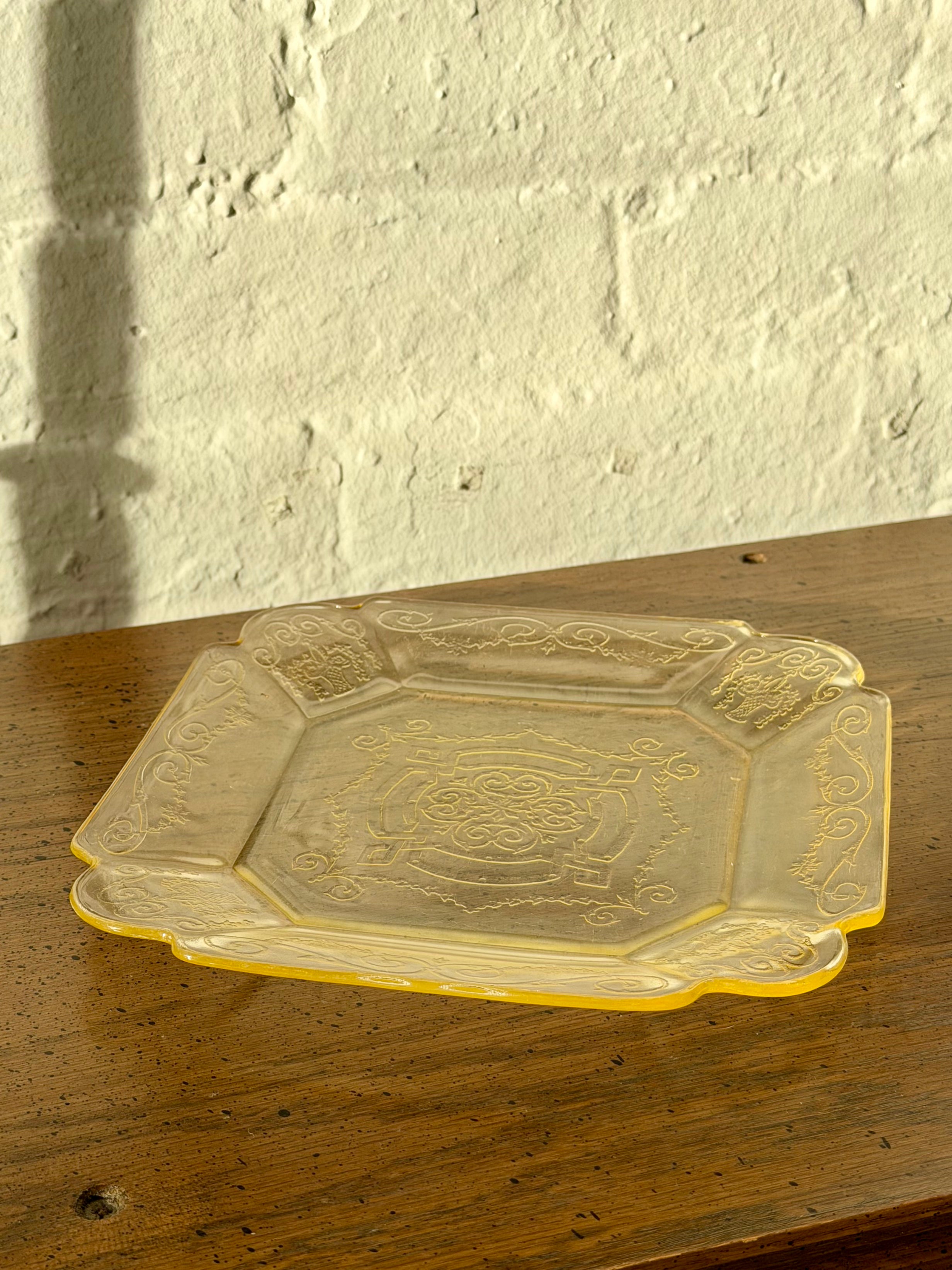 Depression Era Etched Yellow Glass Dinner Plates