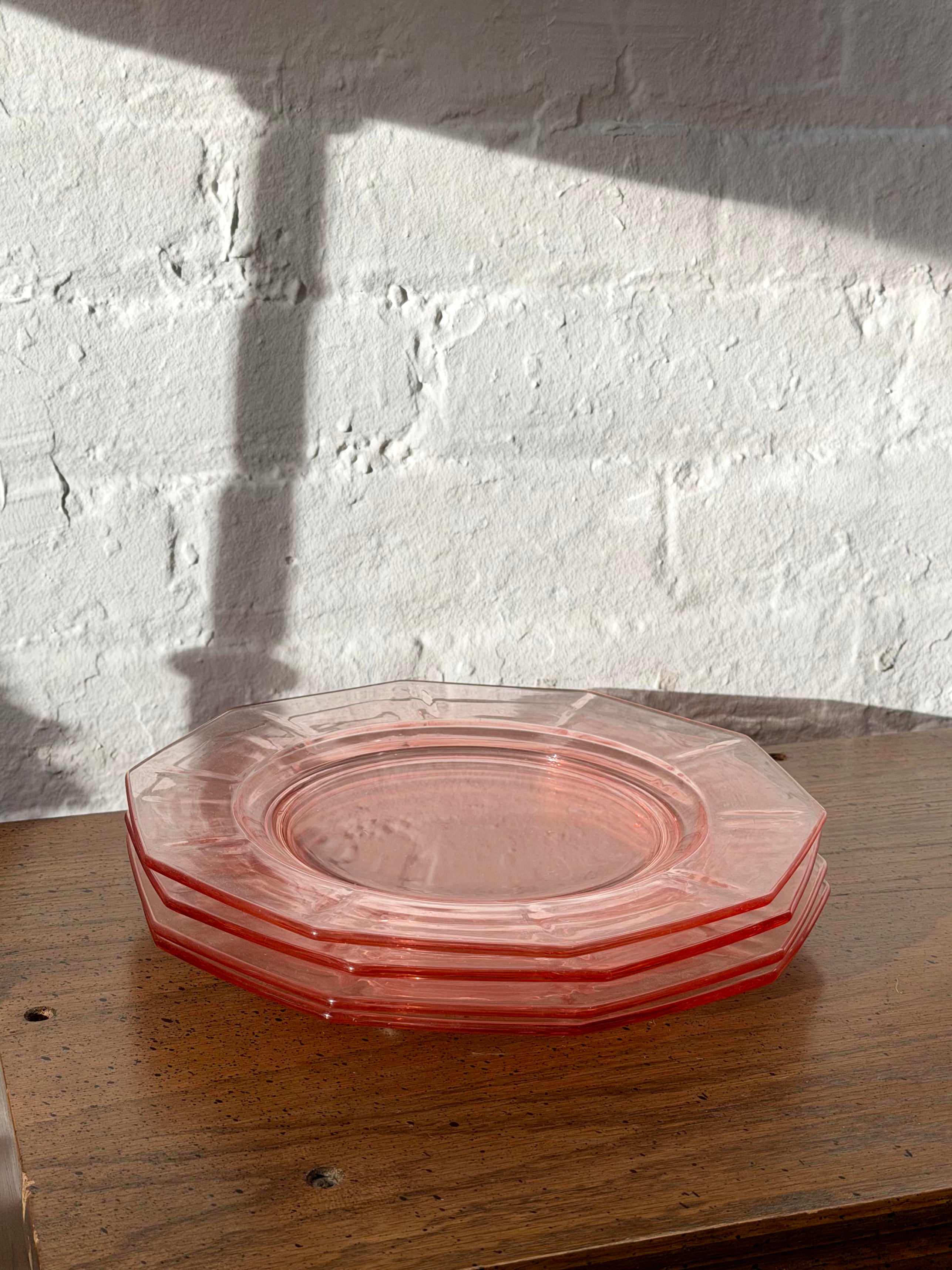 Pink Decagonal Pressed Glass Dinner Plates
