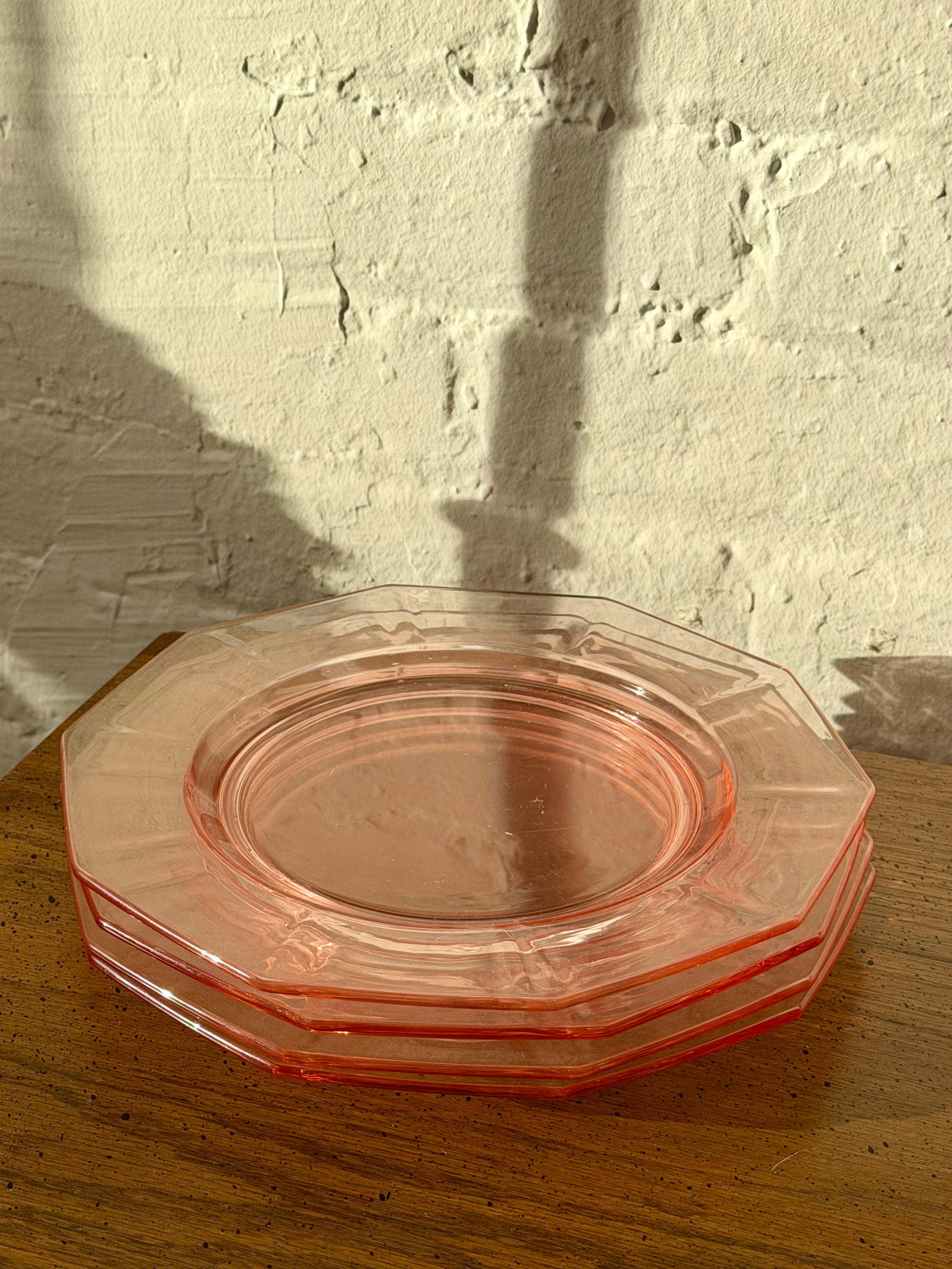 Pink Decagonal Pressed Glass Dinner Plates
