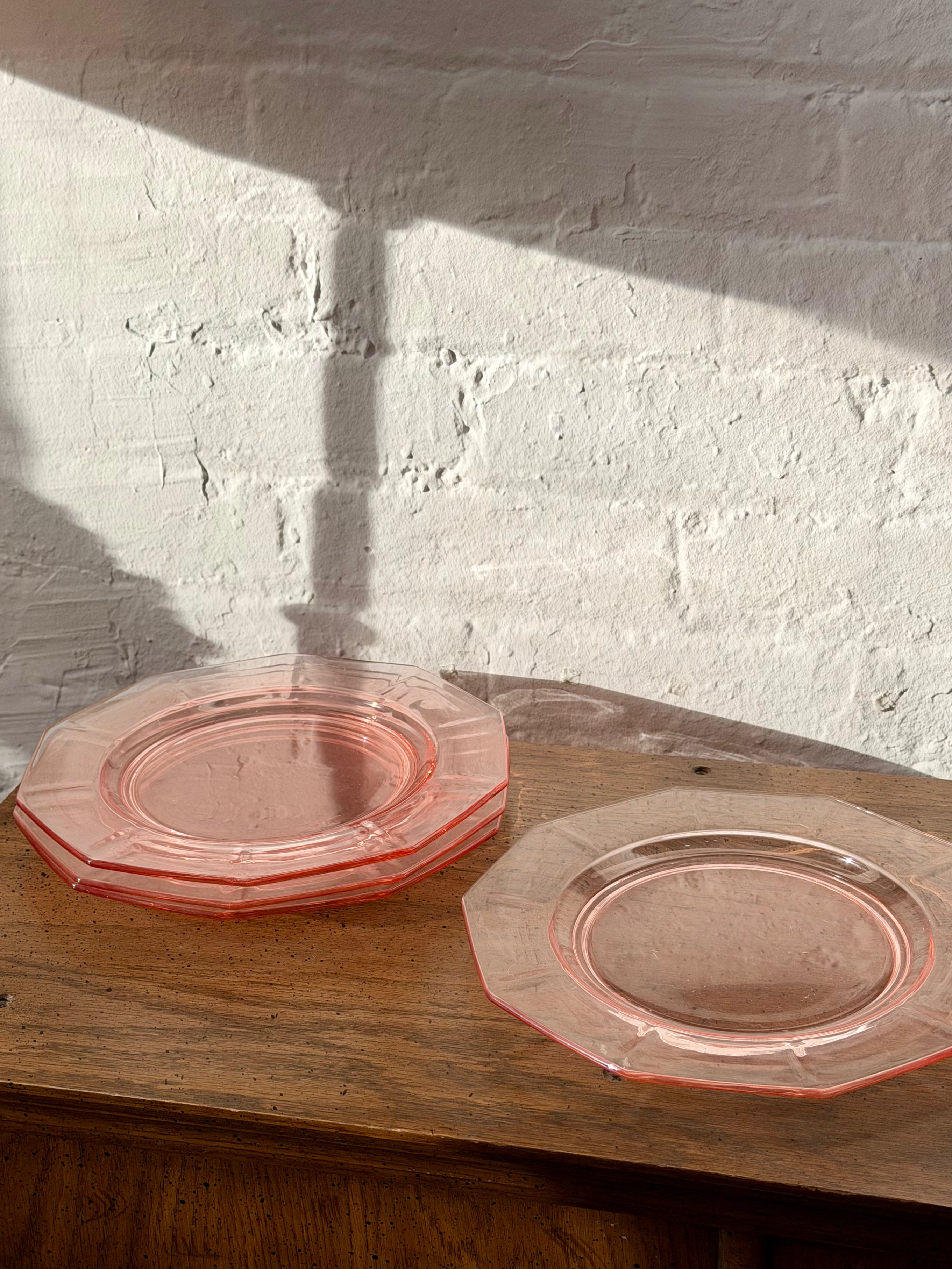 Pink Decagonal Pressed Glass Dinner Plates