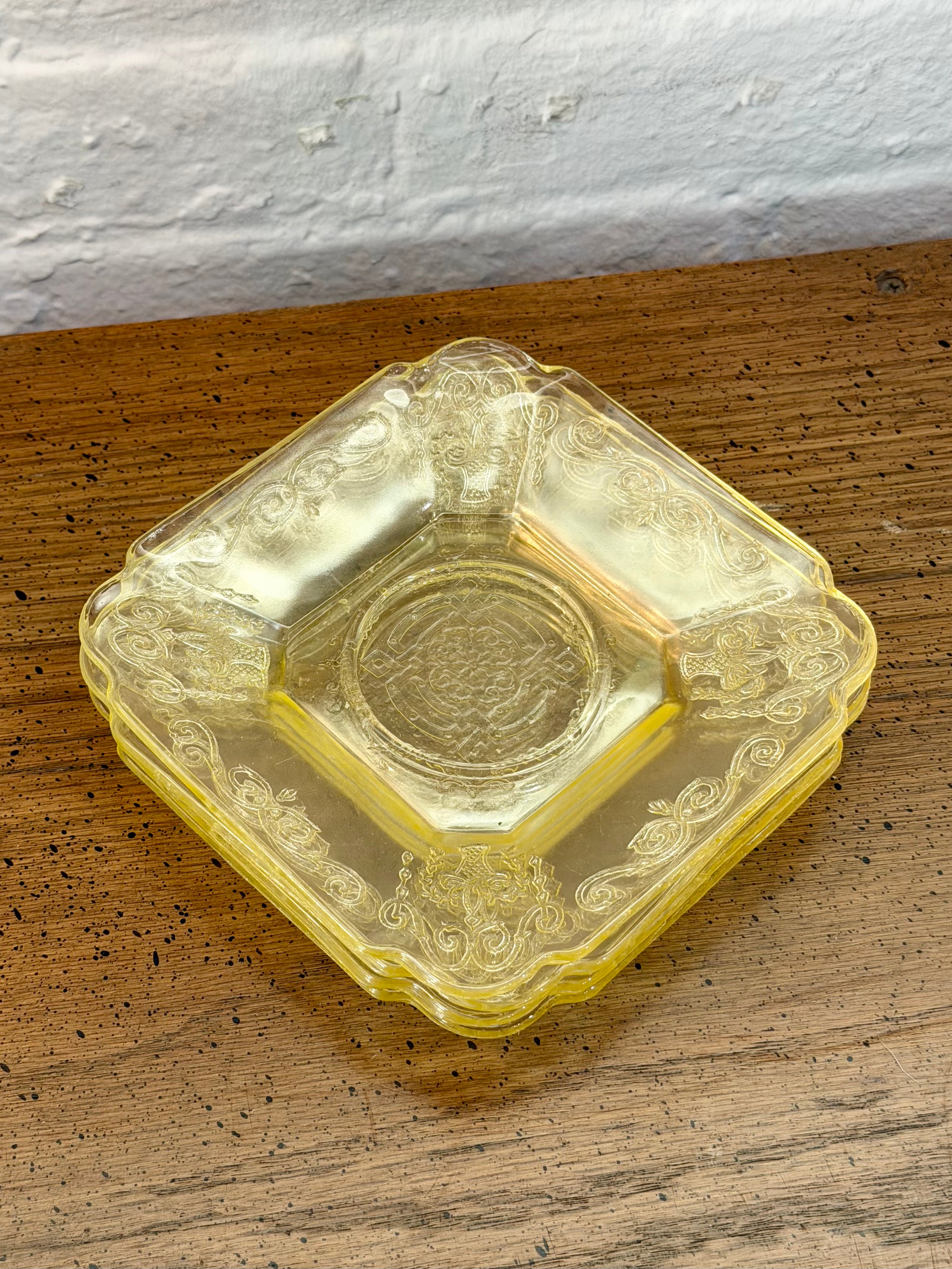 Depression Era Etched Yellow Glass Side Plates