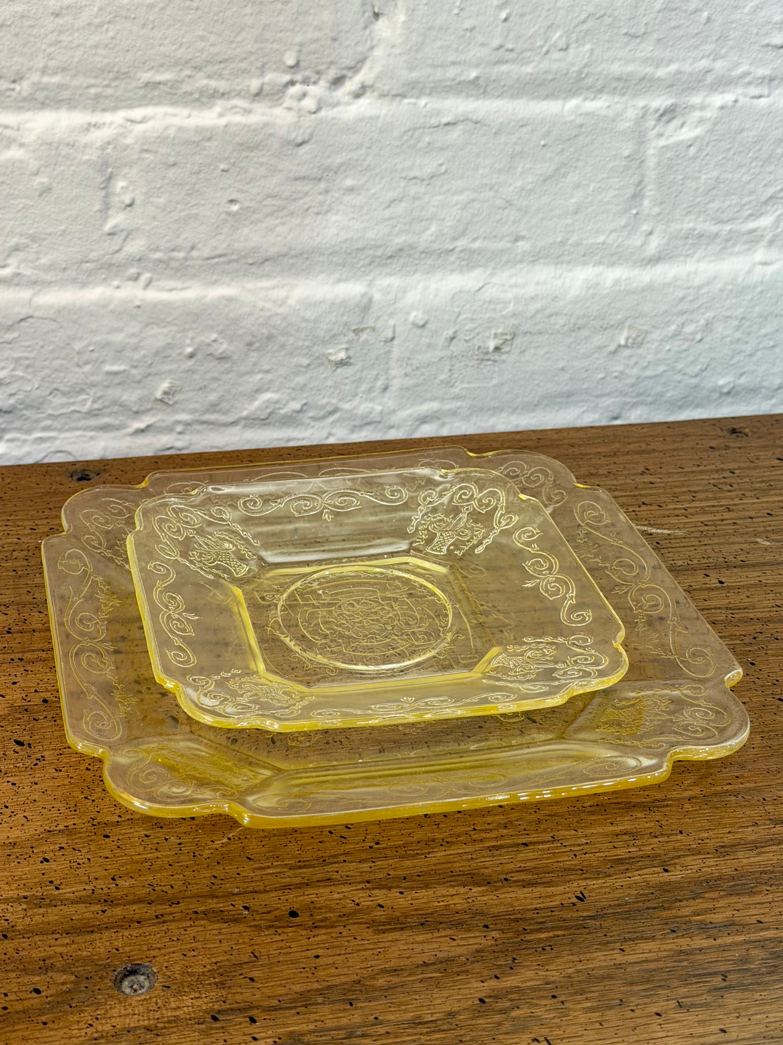 Depression Era Etched Yellow Glass Side Plates