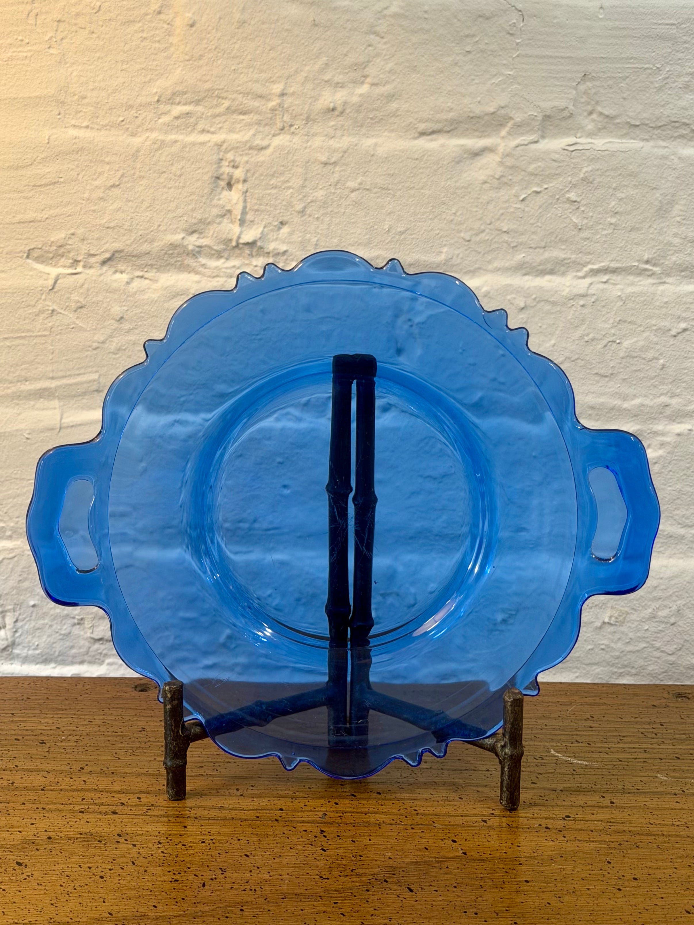 Cobalt Blue Glass Handled Serving Tray