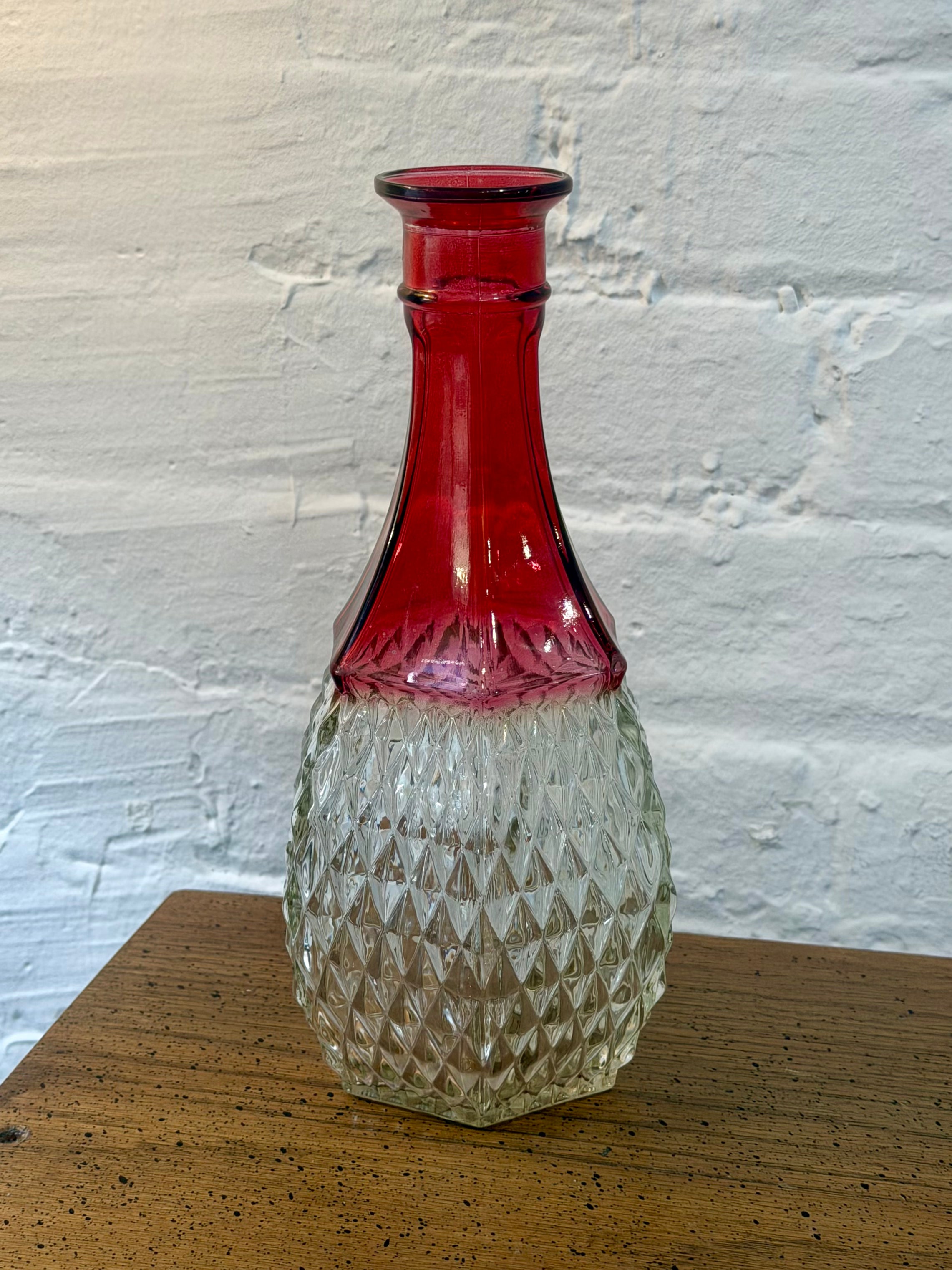 Ruby Red Diamond Point Glass Decanter