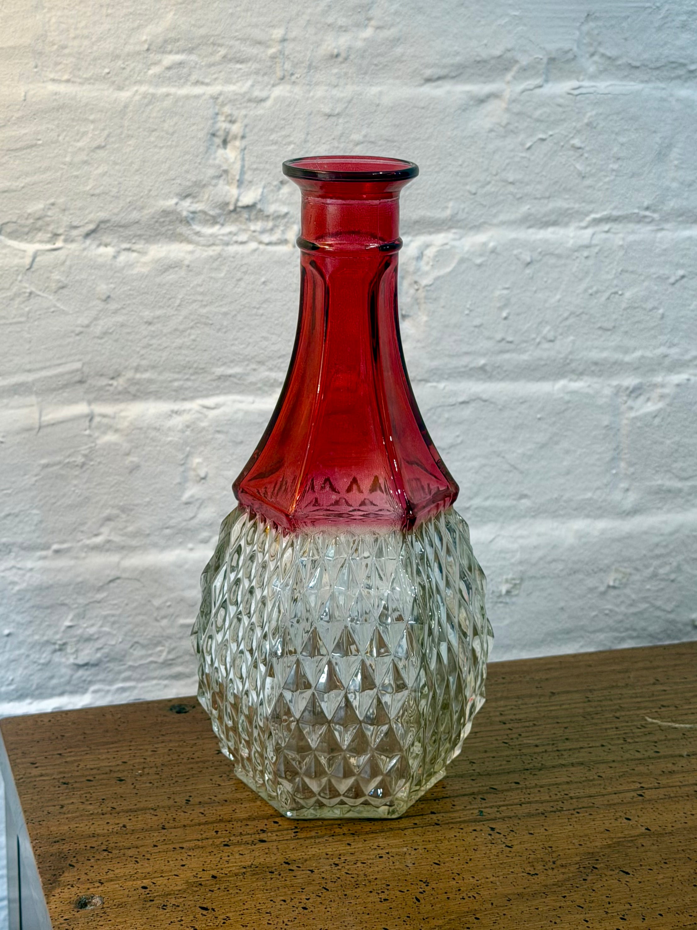 Ruby Red Diamond Point Glass Decanter