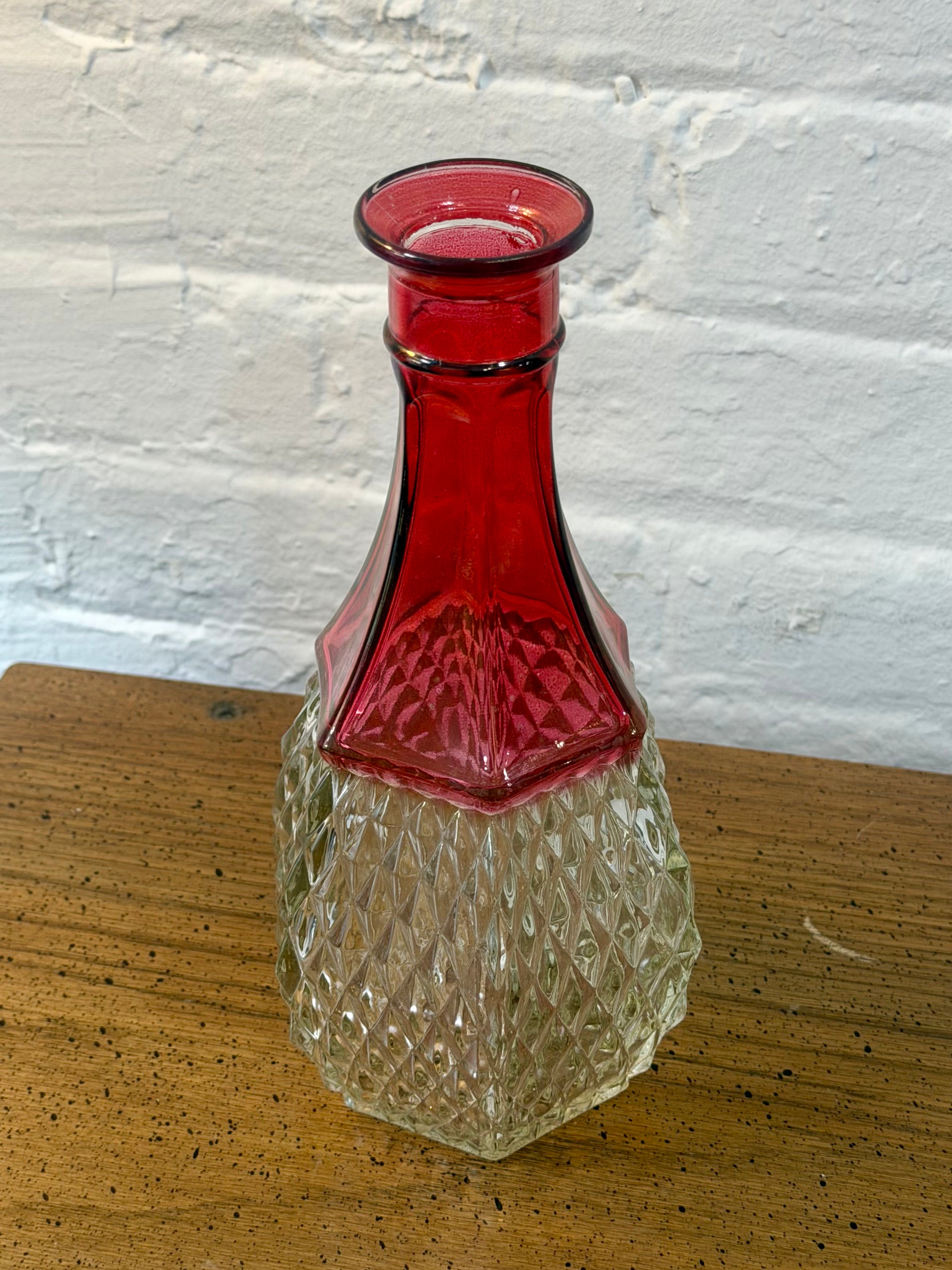 Ruby Red Diamond Point Glass Decanter