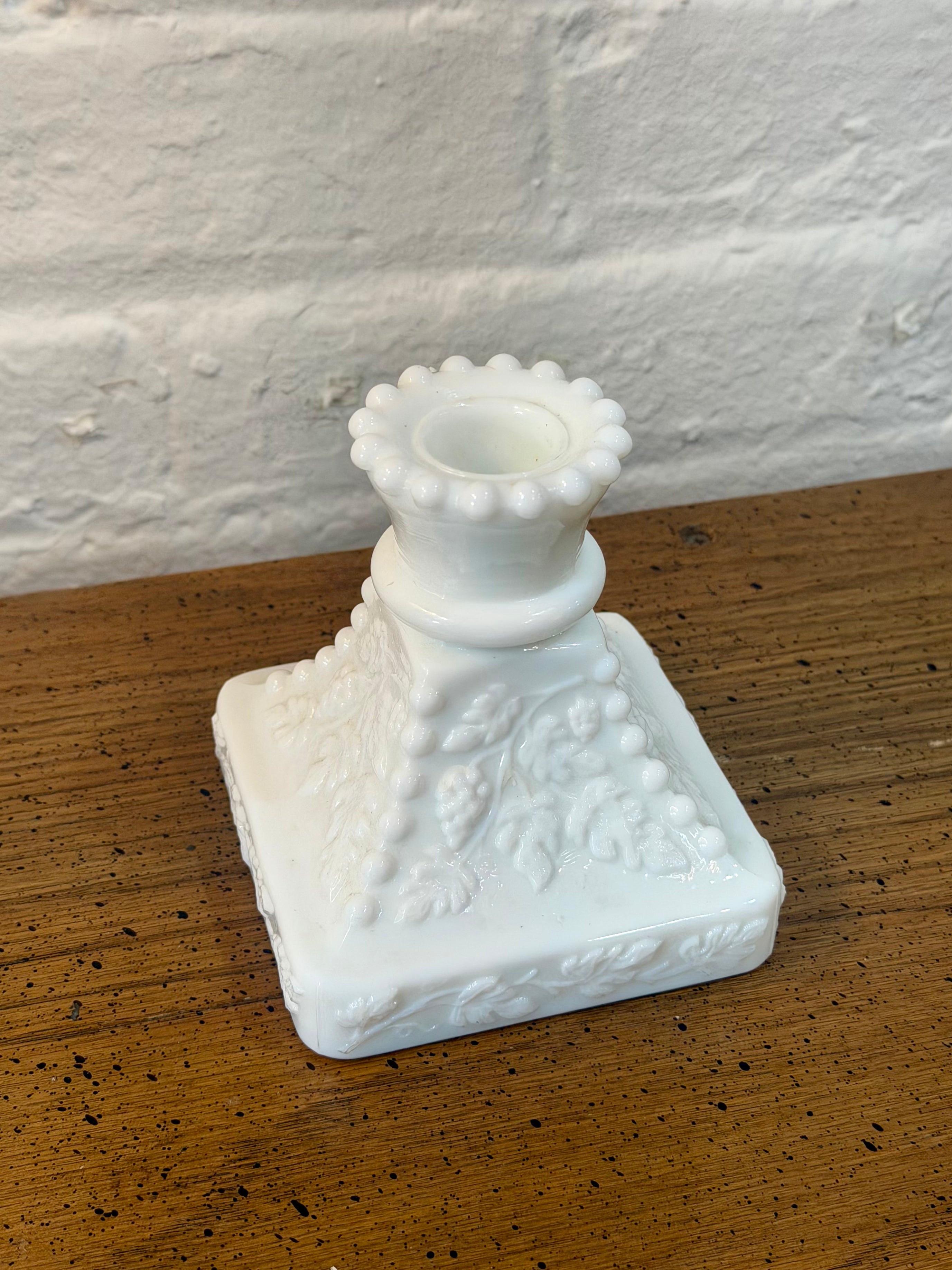 Paneled Grape Milk Glass Candlestick Holder
