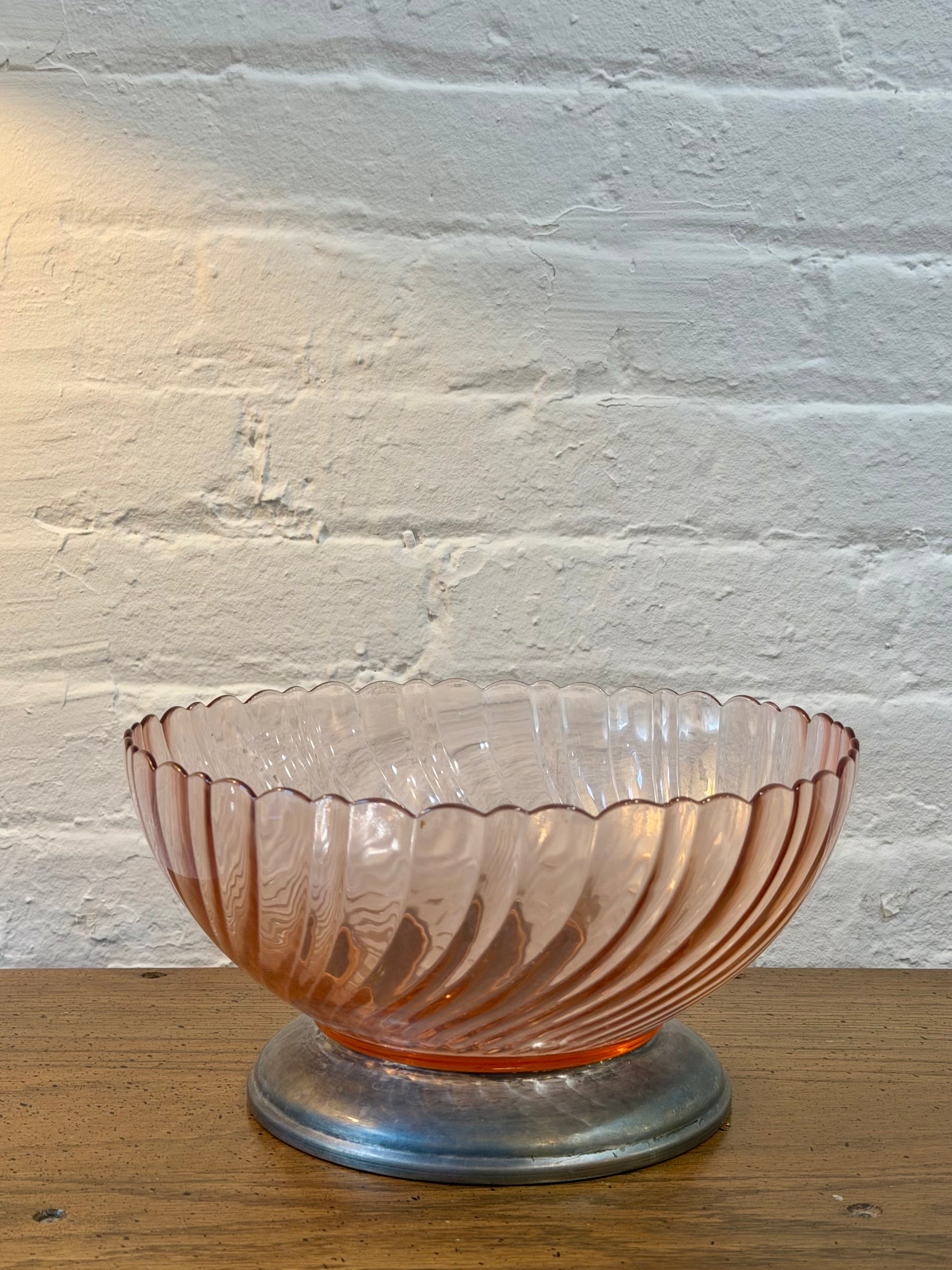 Arcoroc France Pink Swirl Glass Serving Bowl with Silver Pedestal Base