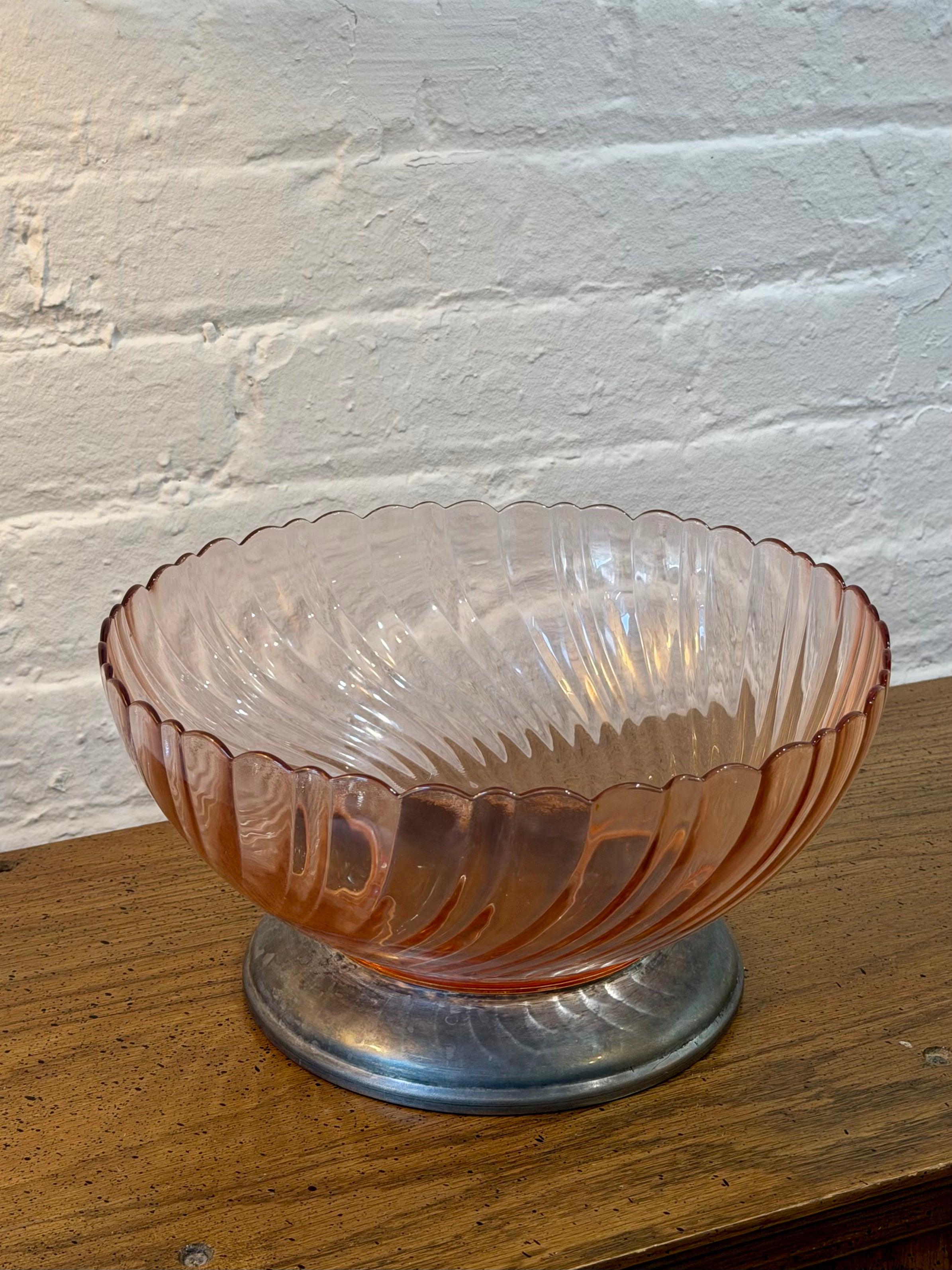 Arcoroc France Pink Swirl Glass Serving Bowl with Silver Pedestal Base