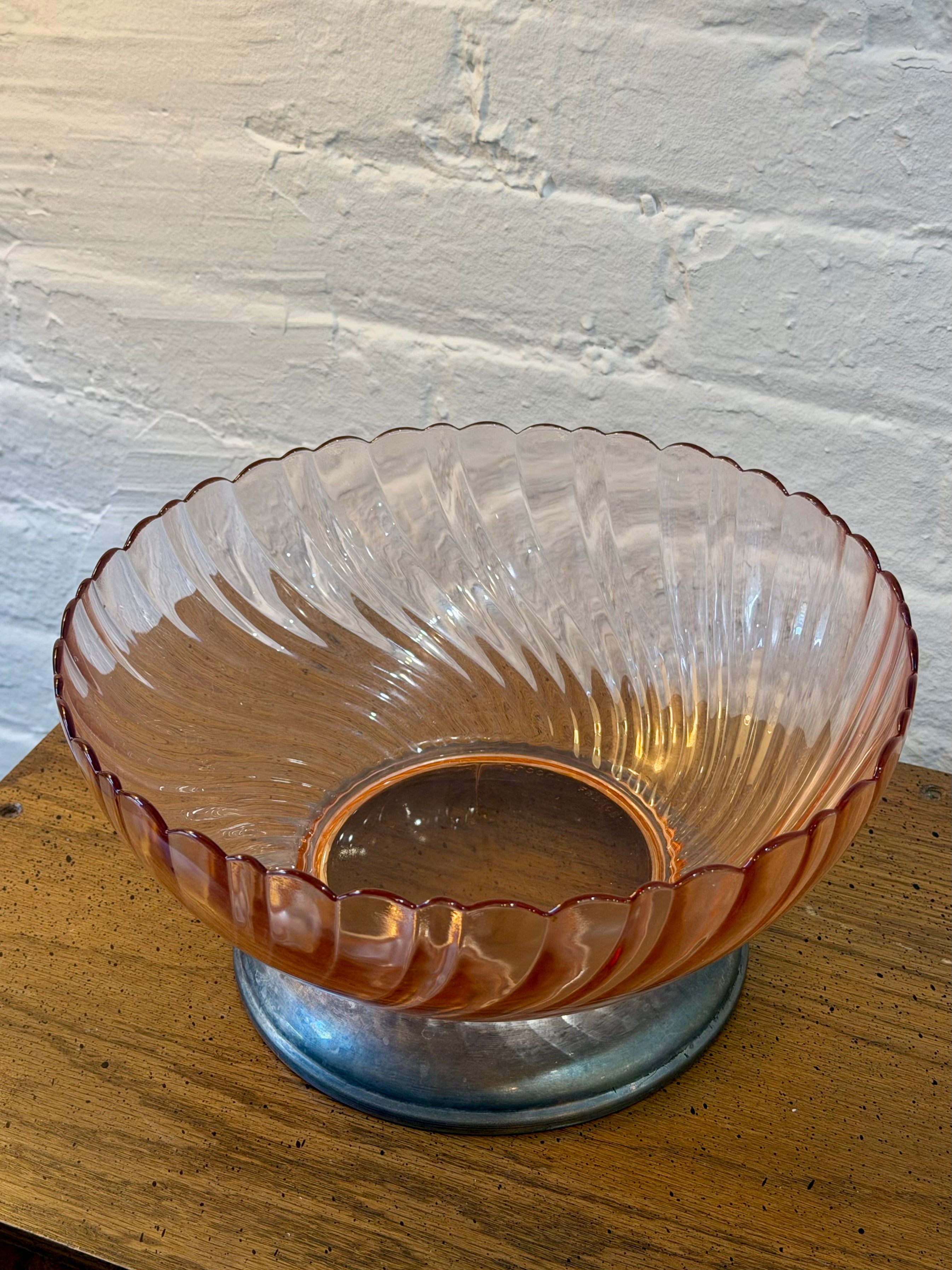 Arcoroc France Pink Swirl Glass Serving Bowl with Silver Pedestal Base