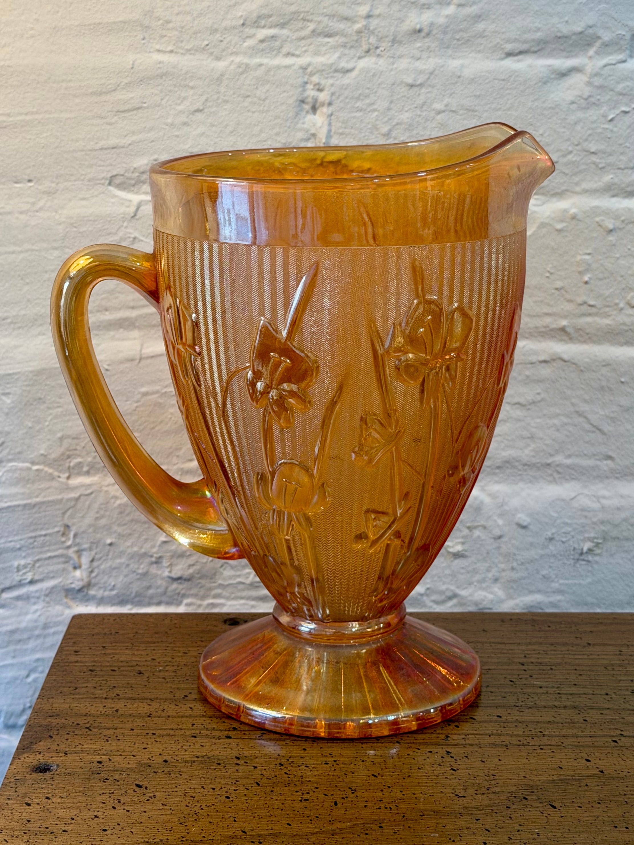 Marigold Carnival Glass Iris and Herringbone Pitcher