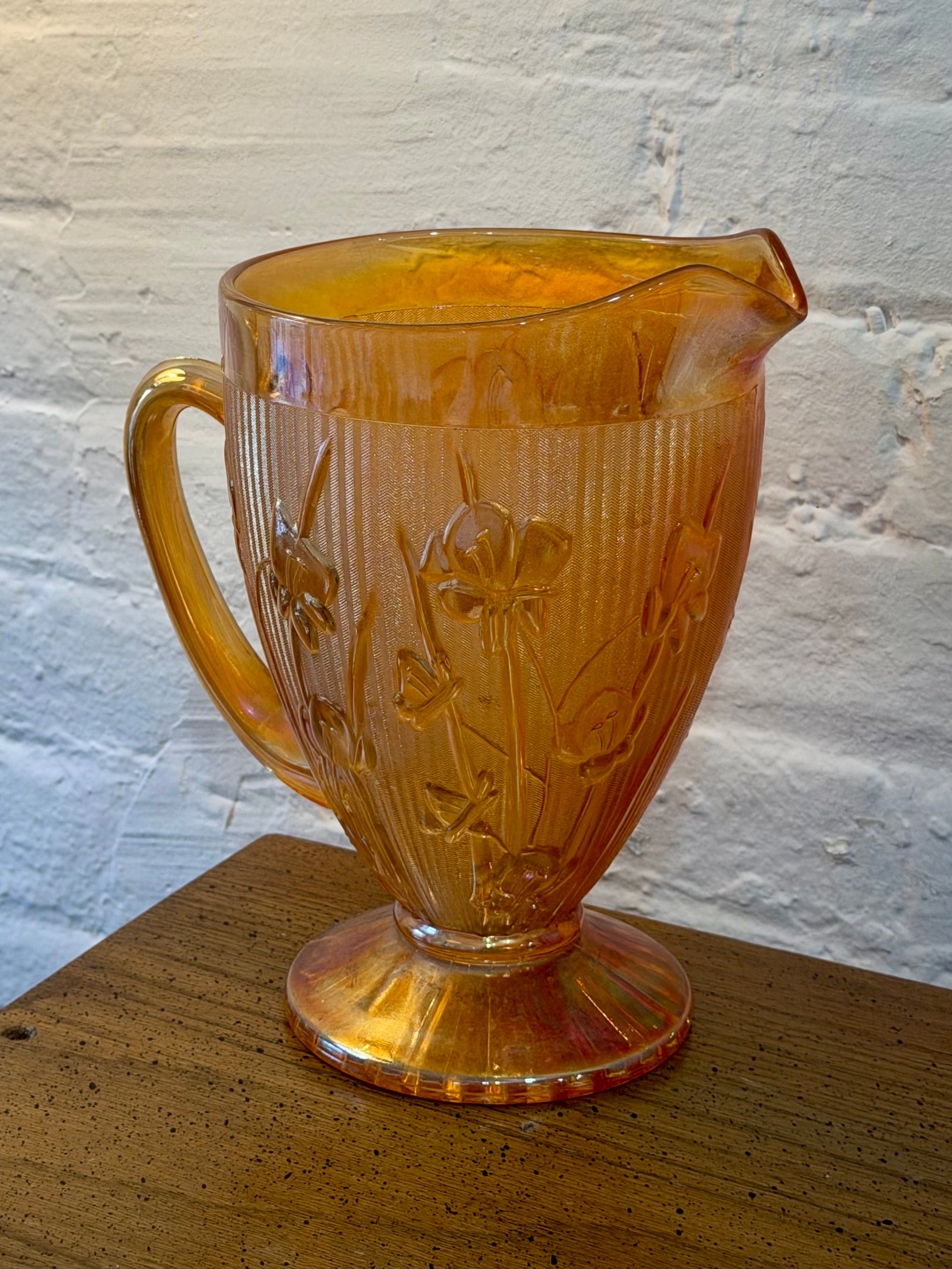 Marigold Carnival Glass Iris and Herringbone Pitcher