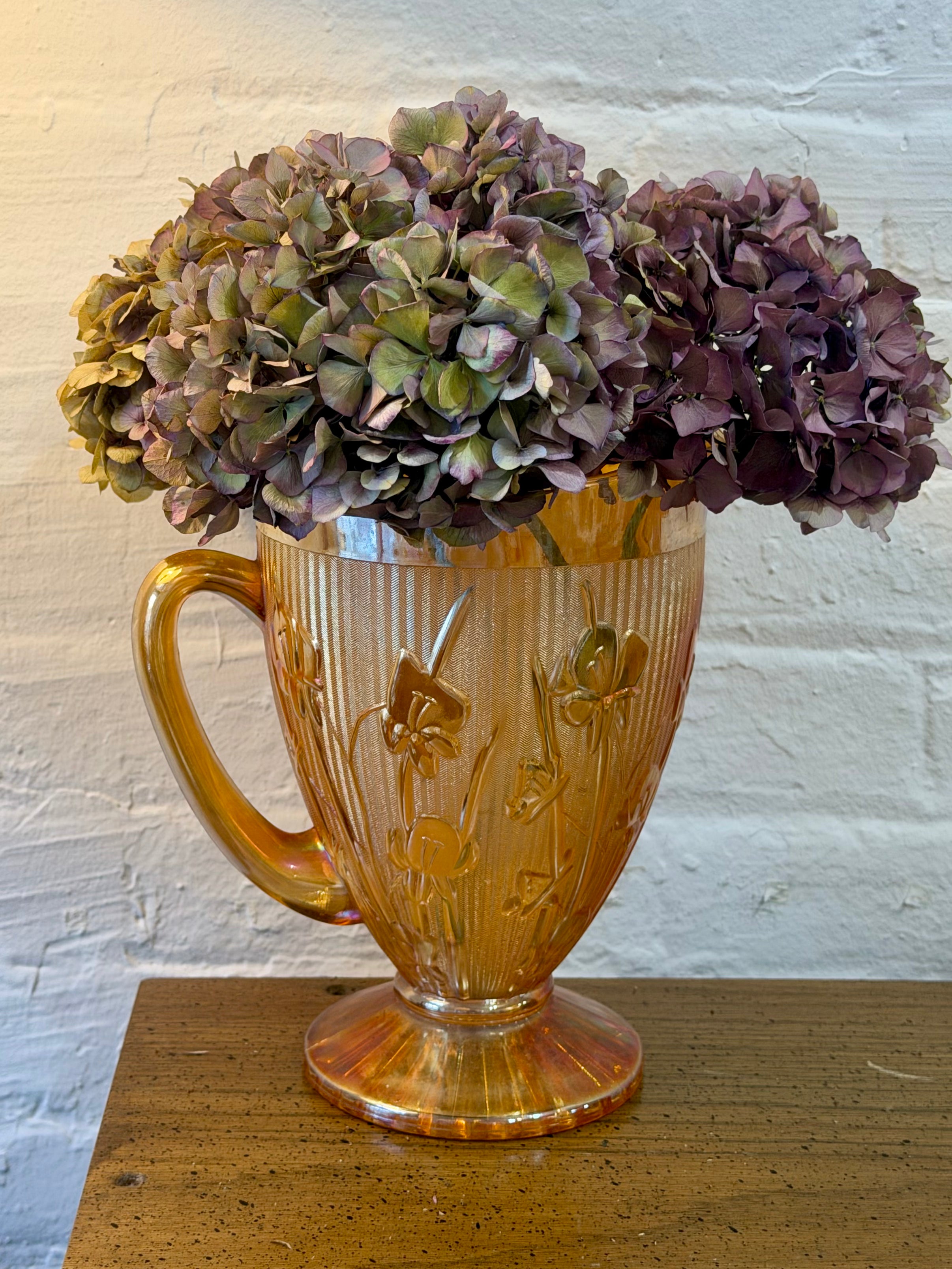 Marigold Carnival Glass Iris and Herringbone Pitcher