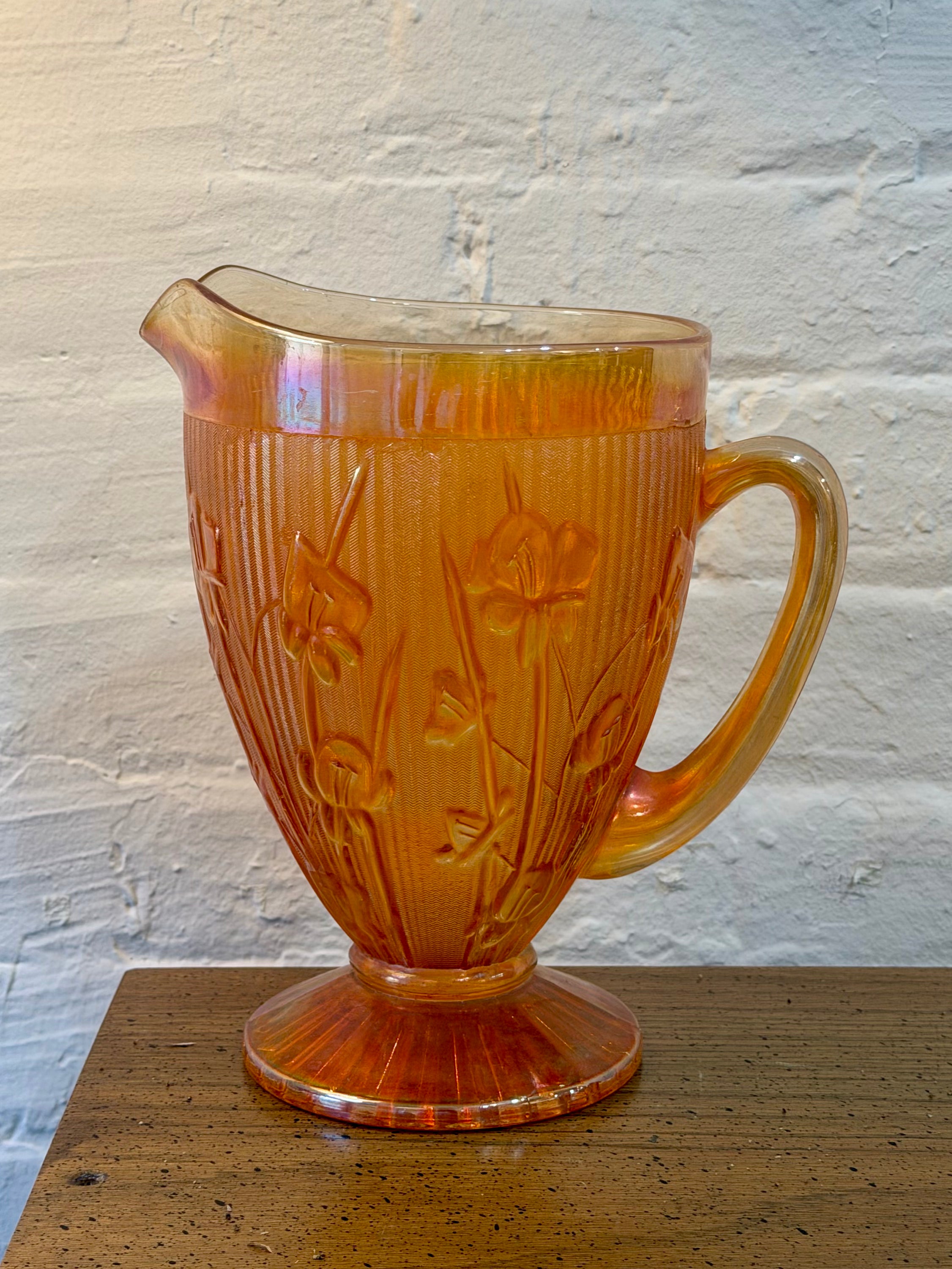 Marigold Carnival Glass Iris and Herringbone Pitcher