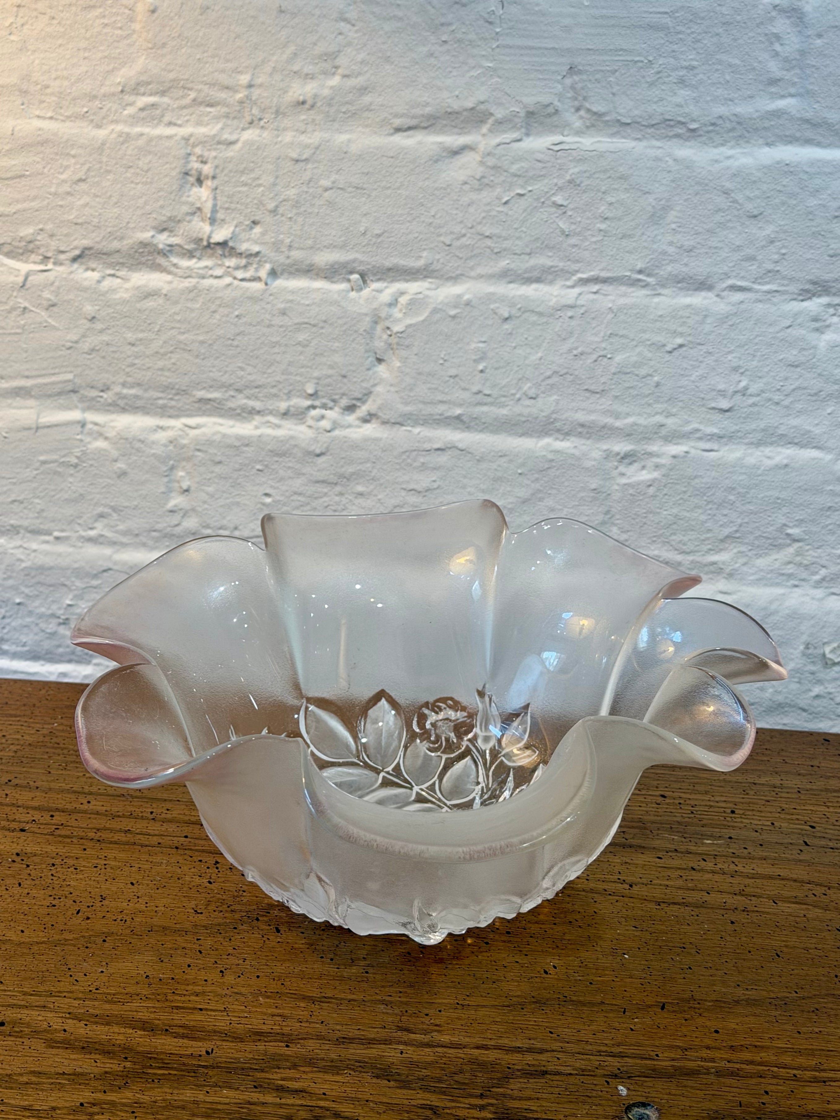 Frosted Glass Scalloped Floral Etched Bowl