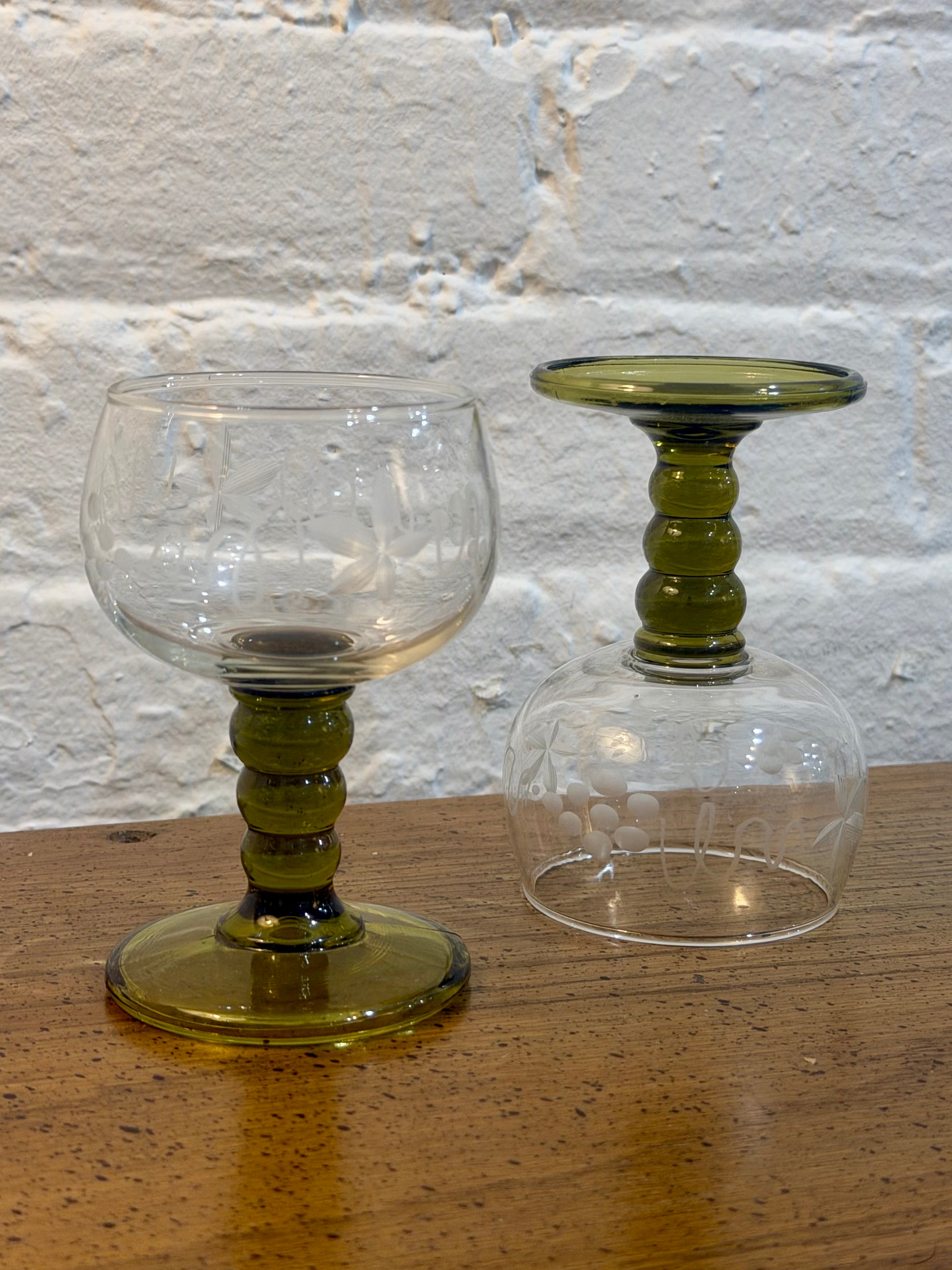 Etched Grapevine Ribbed Stem Cordial Glasses
