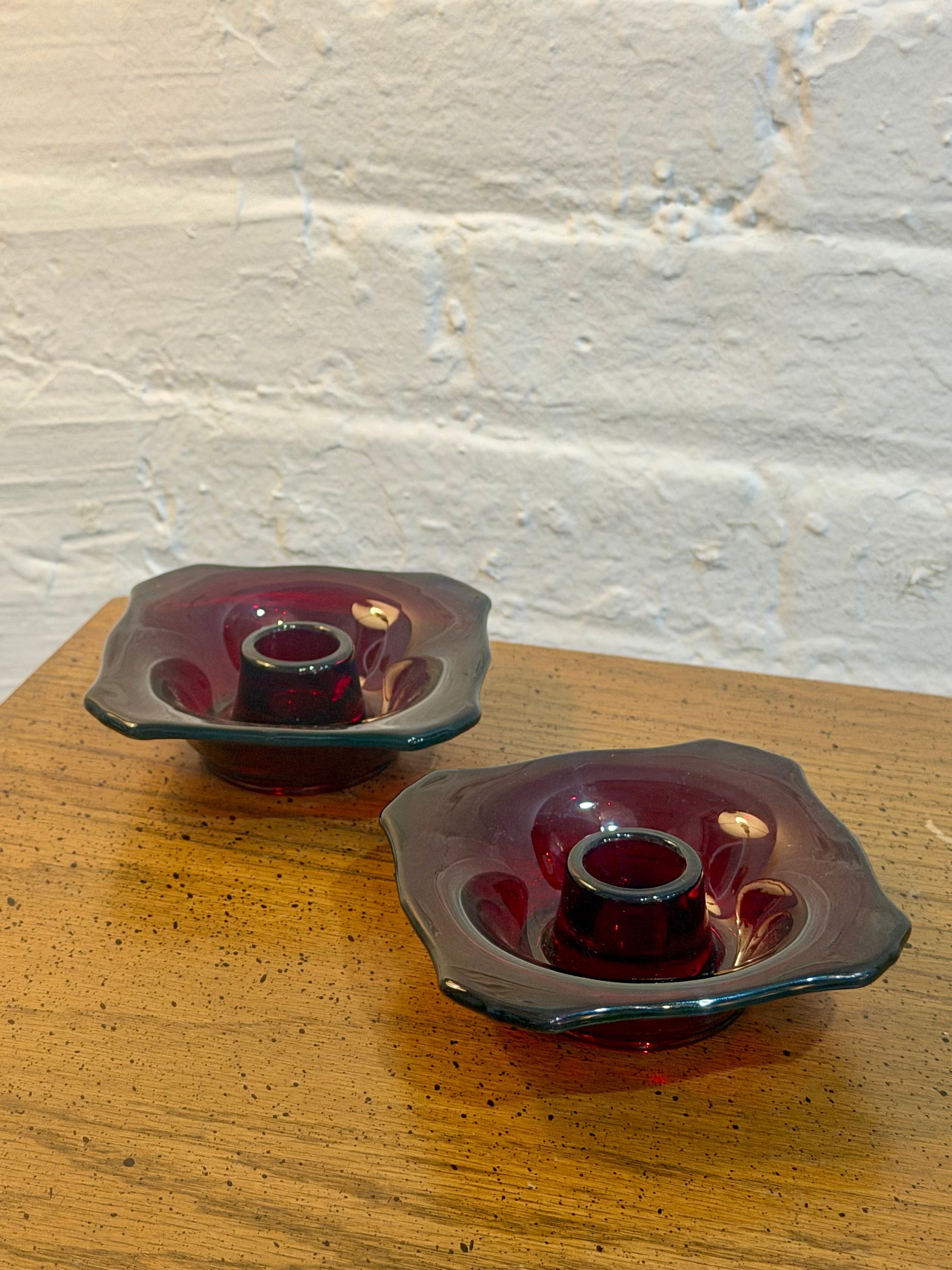 Ruby Red Scalloped Glass Candlestick Holder