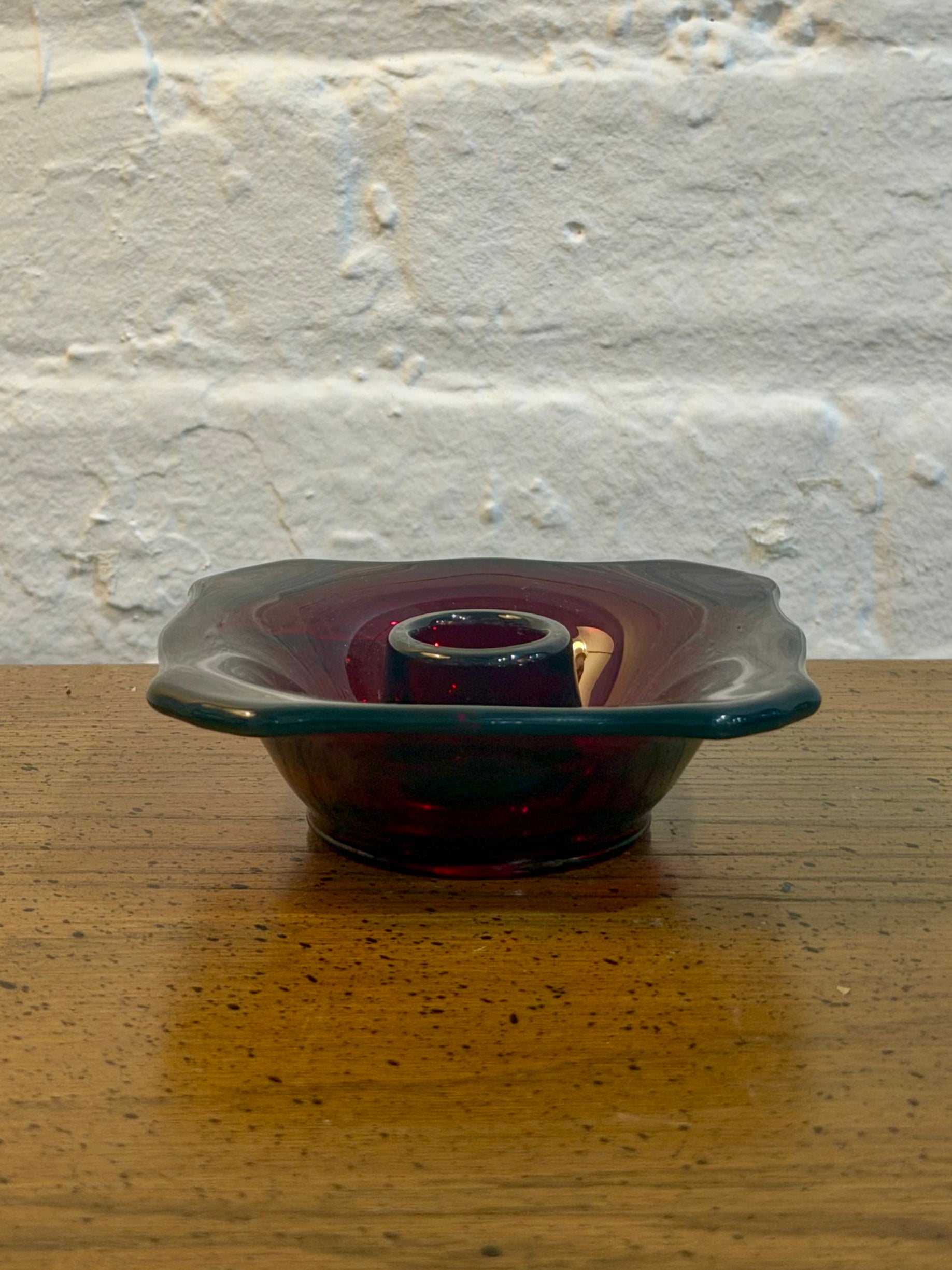 Ruby Red Scalloped Glass Candlestick Holder