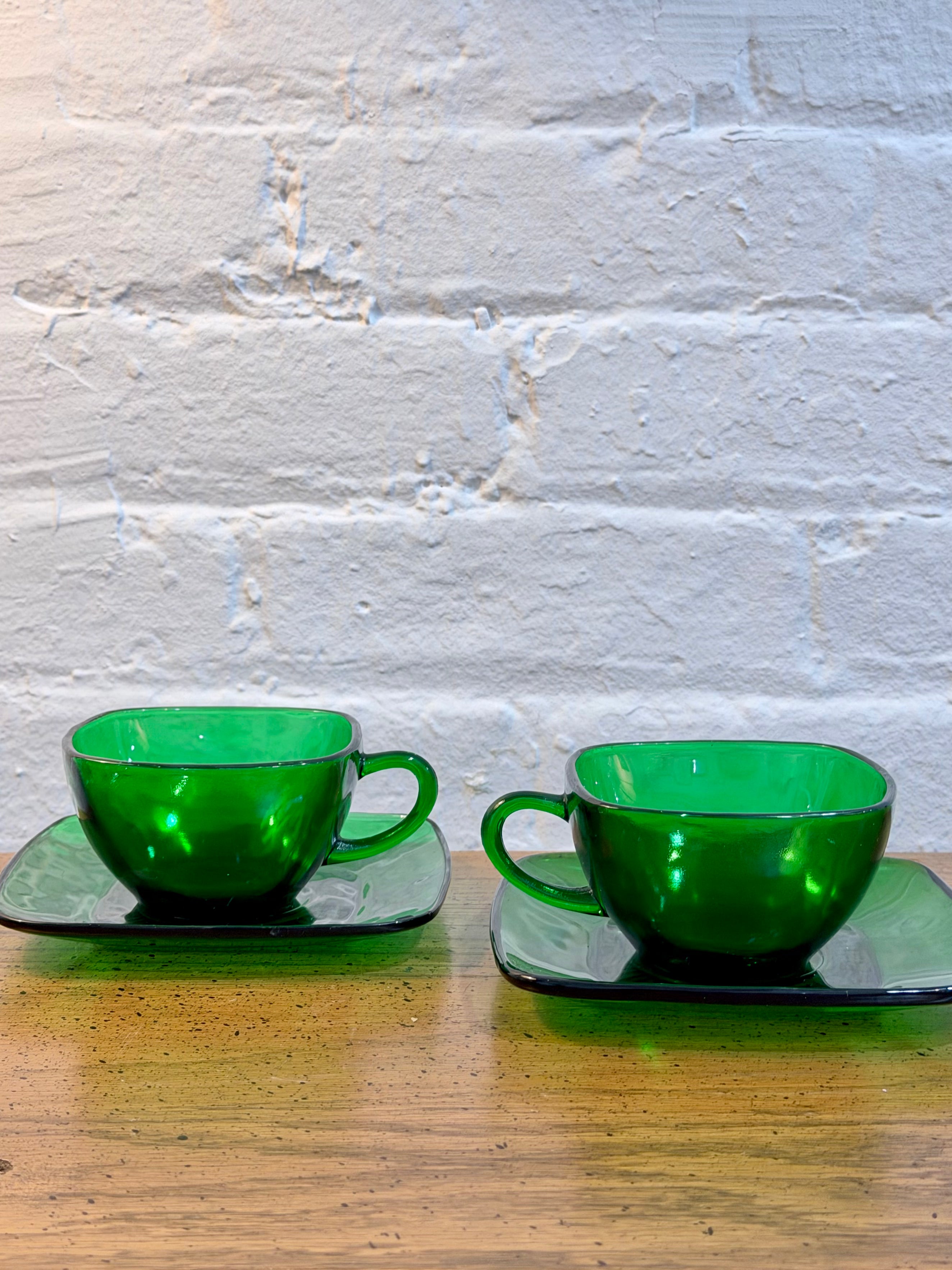 Forest Green Square Glass Teacup and Saucer Set
