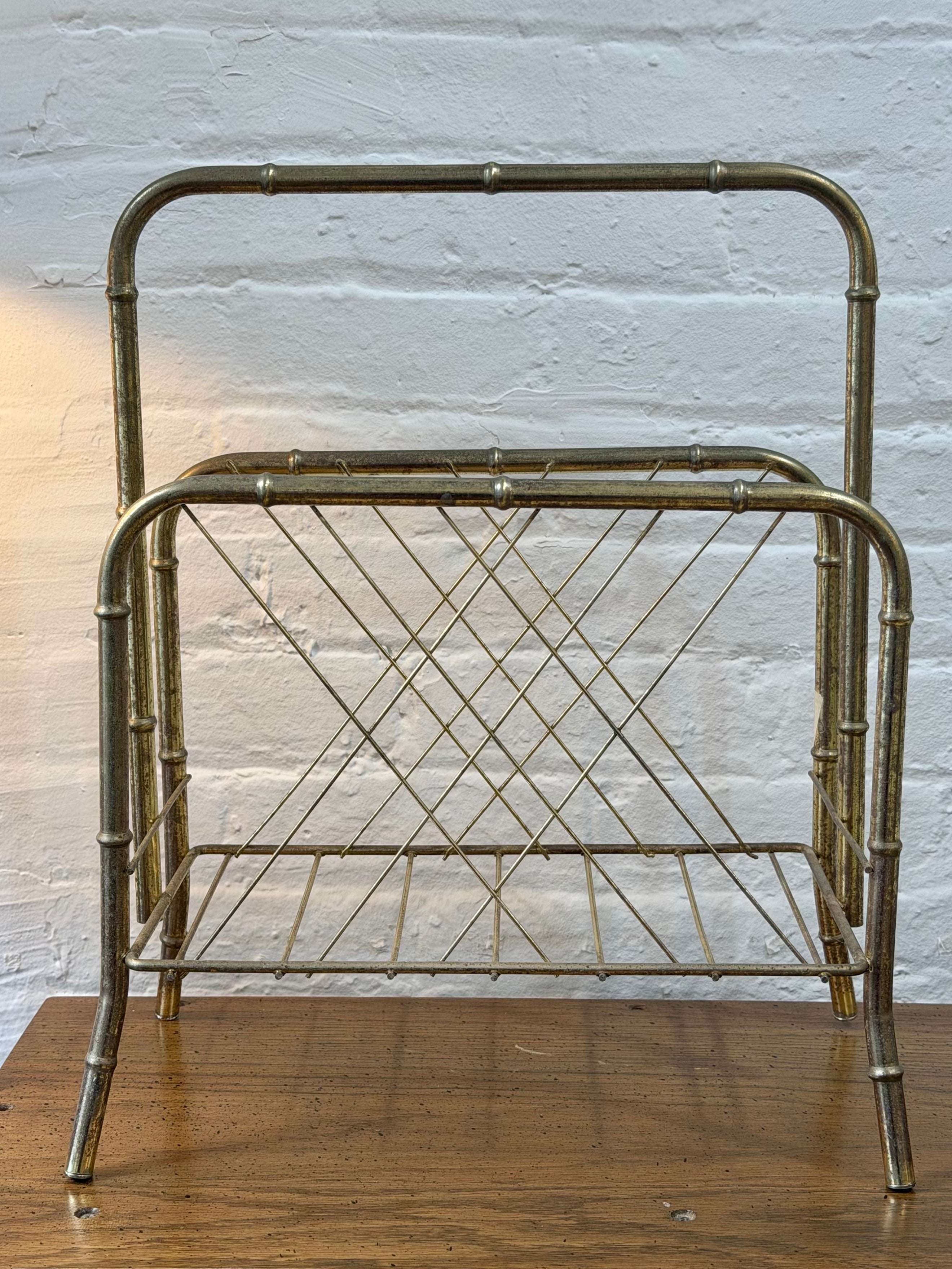 Mid Century Brass Faux Bamboo Metal Magazine Rack