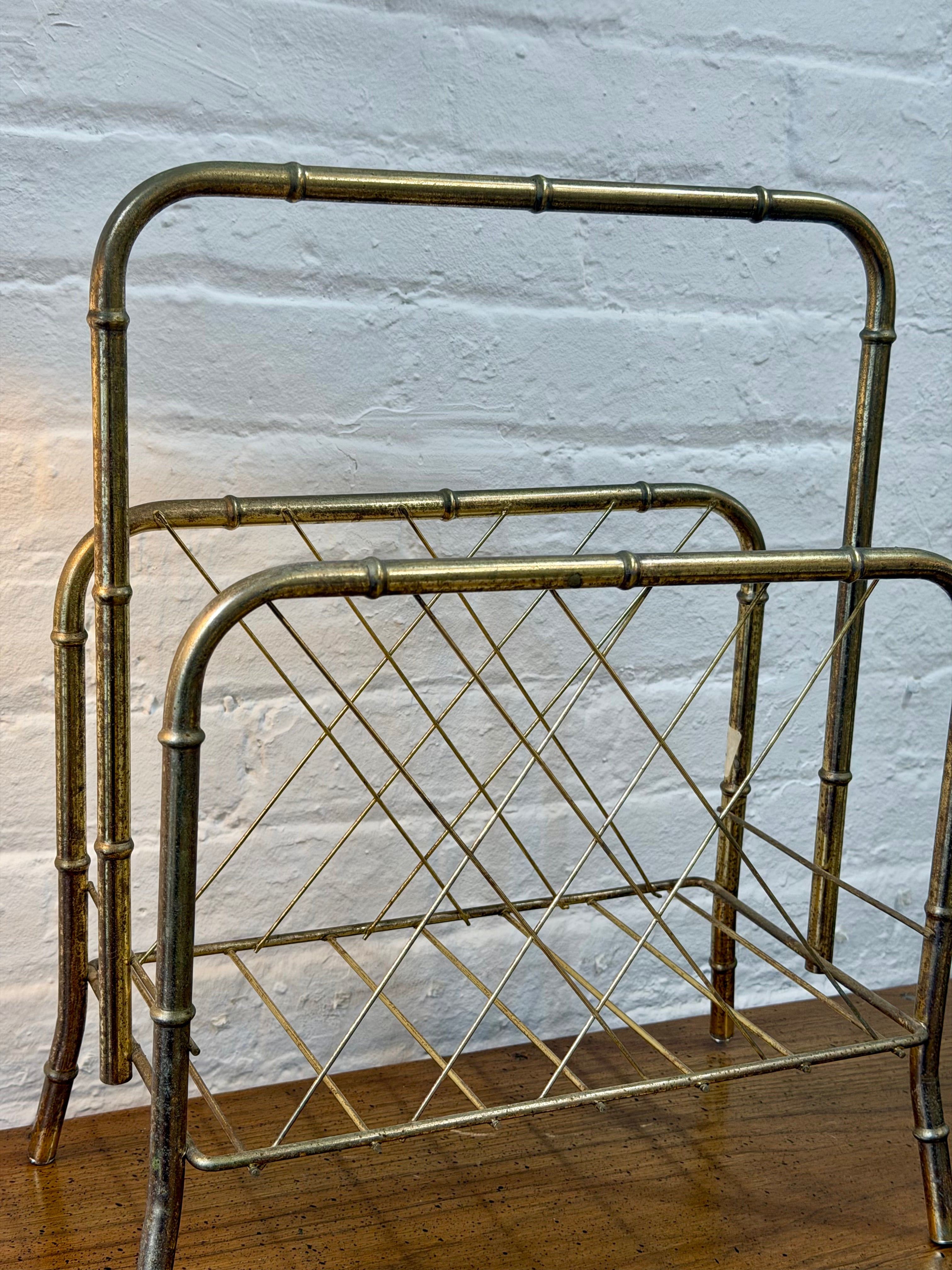 Mid Century Brass Faux Bamboo Metal Magazine Rack