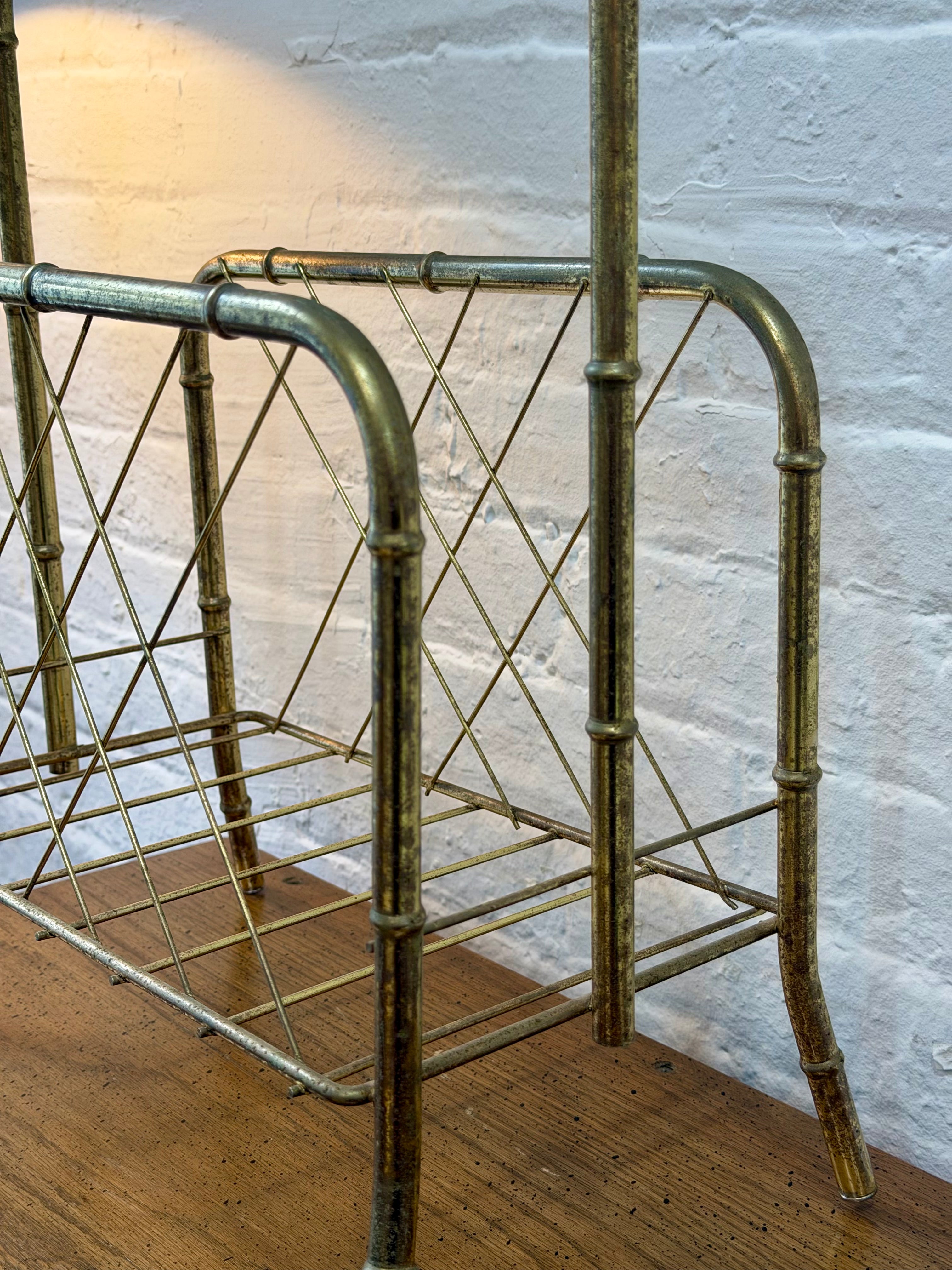 Mid Century Brass Faux Bamboo Metal Magazine Rack