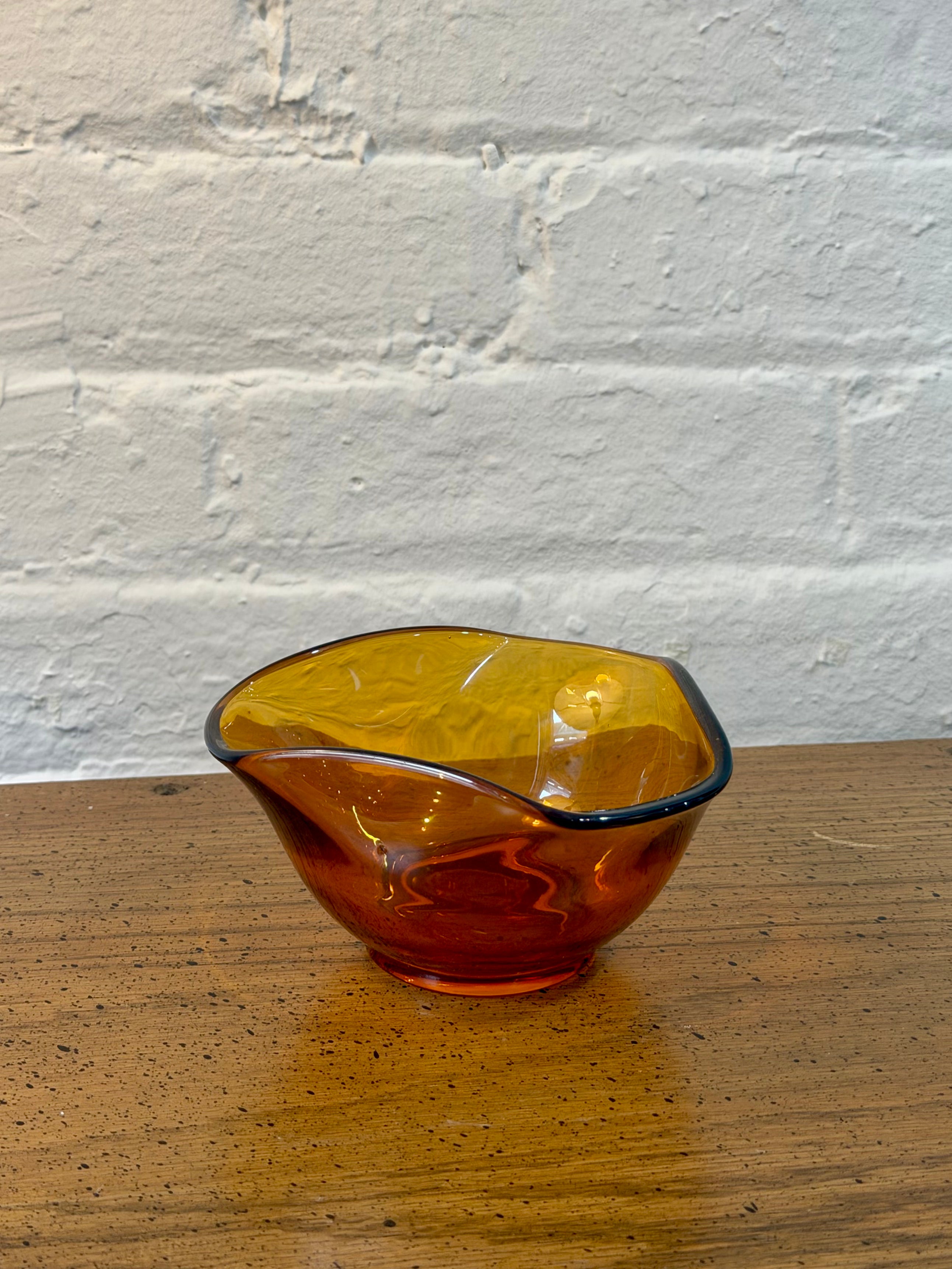Mid Century Amber Glass Wavy Edge Bowl