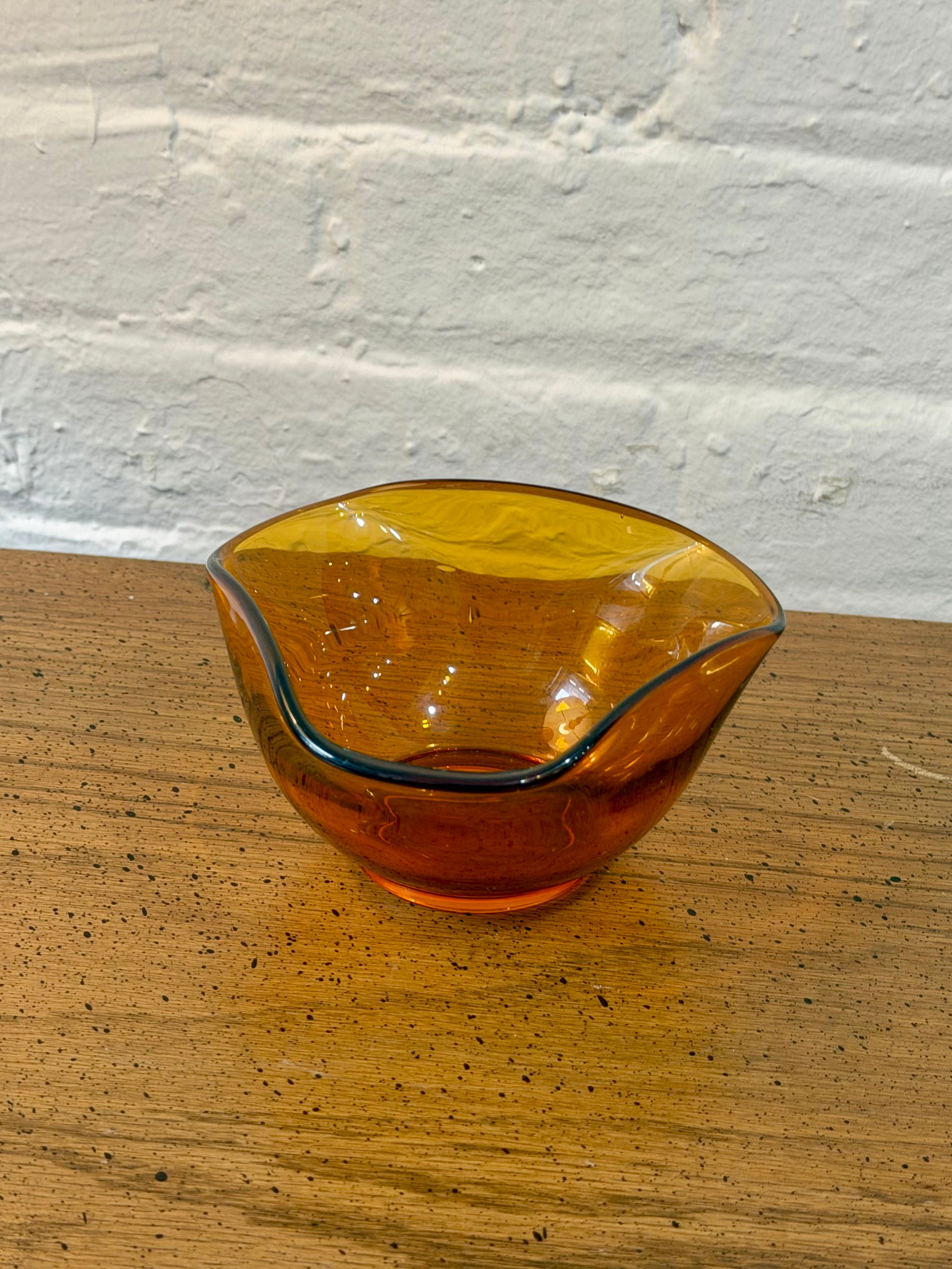 Mid Century Amber Glass Wavy Edge Bowl