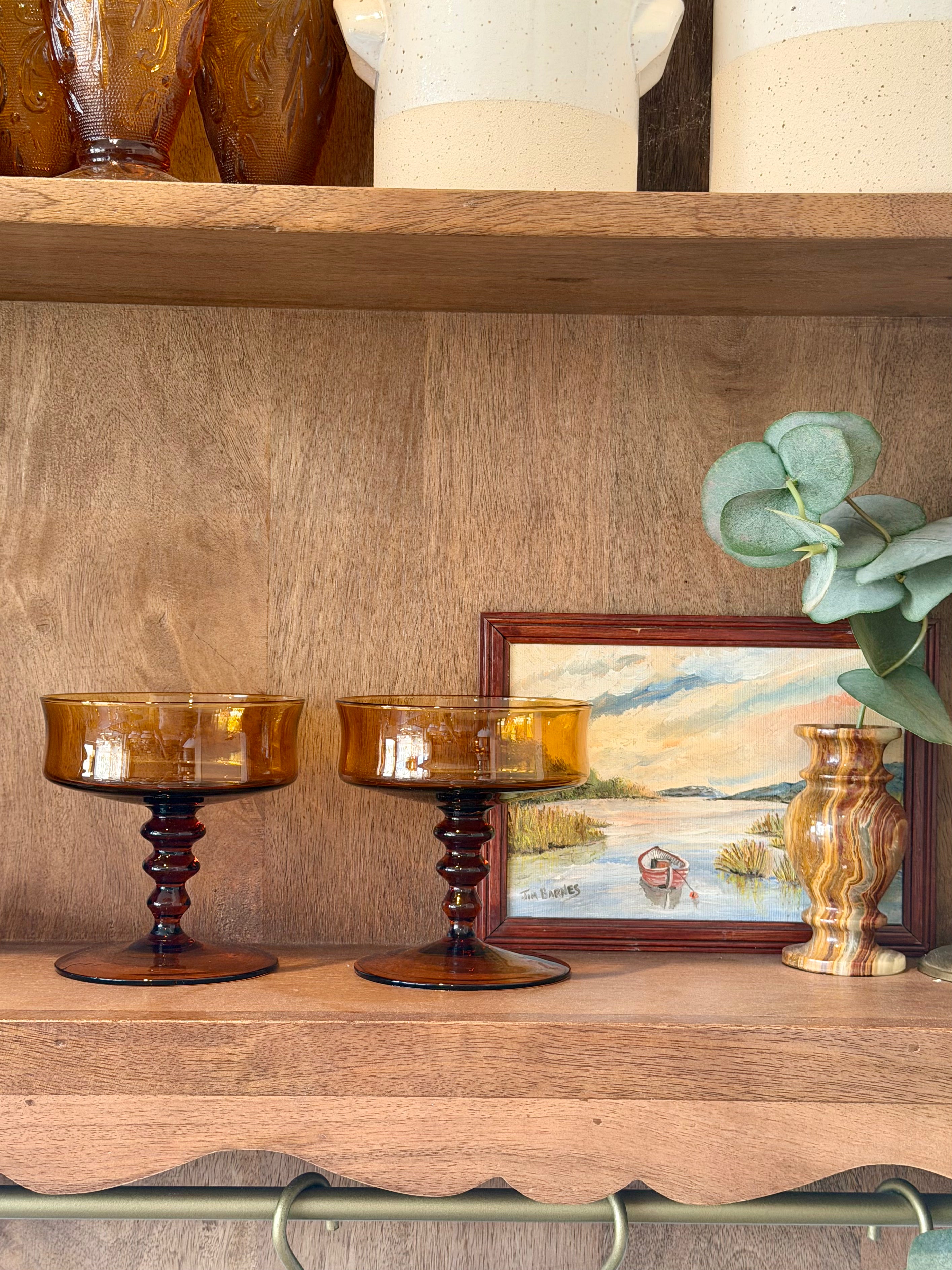 Amber Tiered Pedestal Base Coupe Glasses