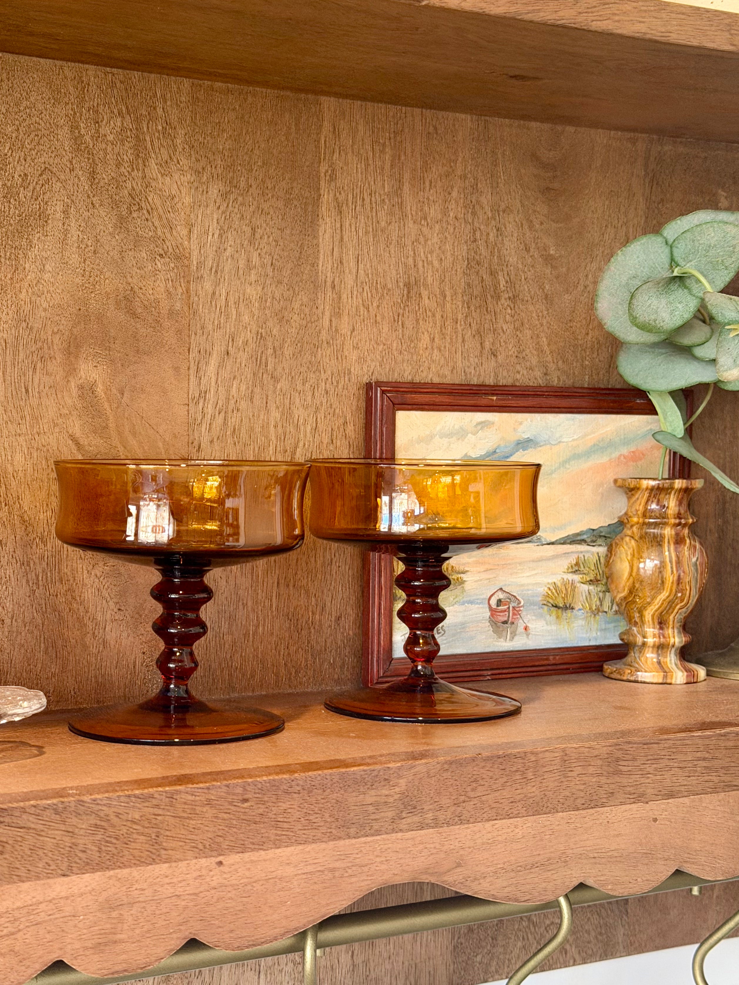 Amber Tiered Pedestal Base Coupe Glasses