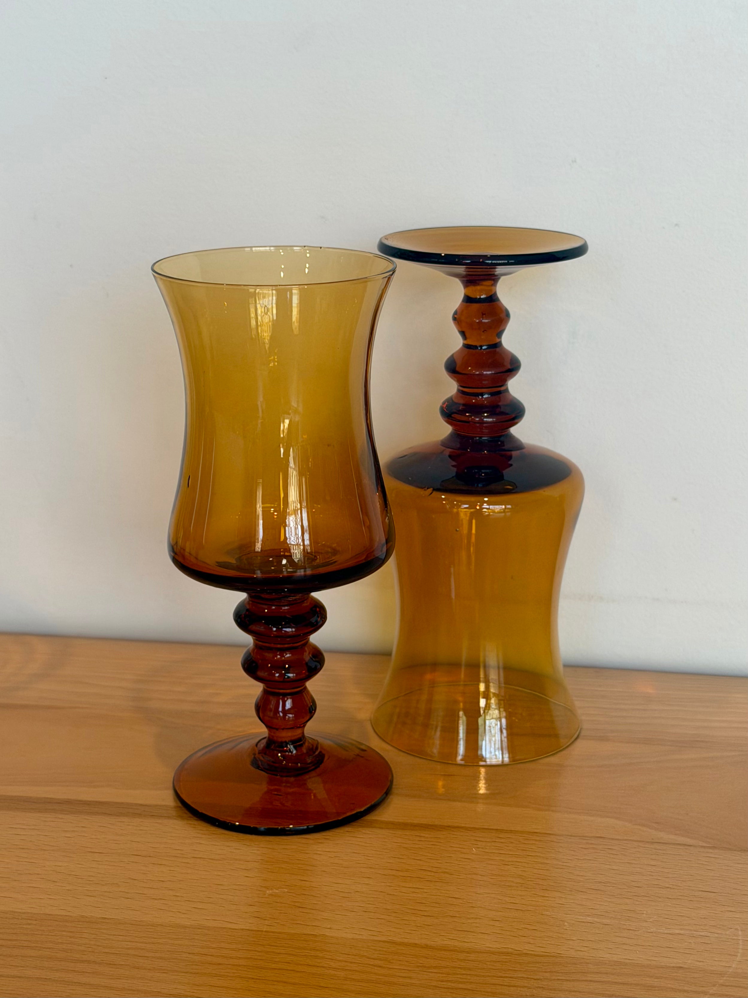 Amber Tiered Pedestal Base Goblet Glasses