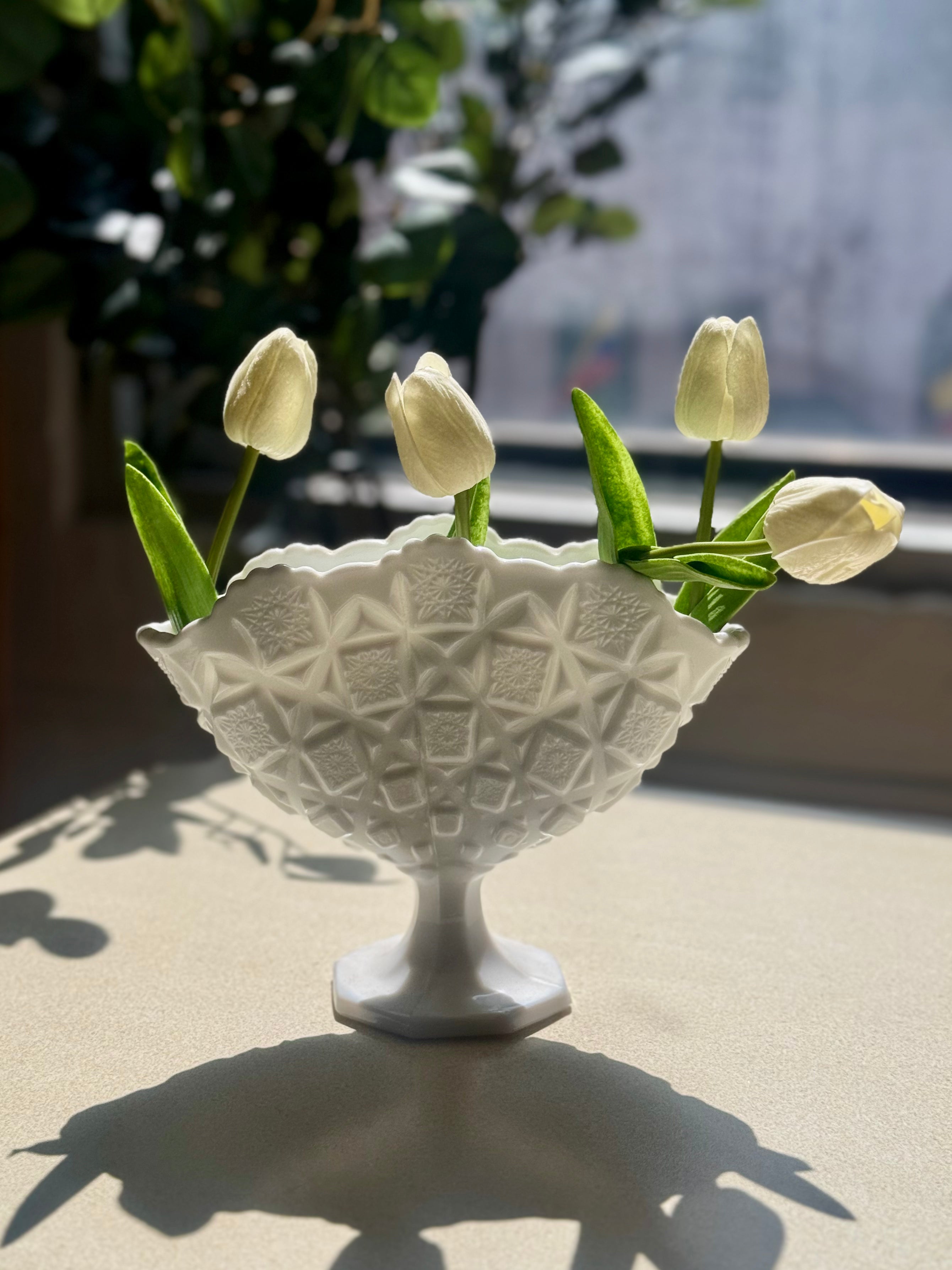 Westmoreland Milk Glass Quilt Patterned Pedestal Fan Vase