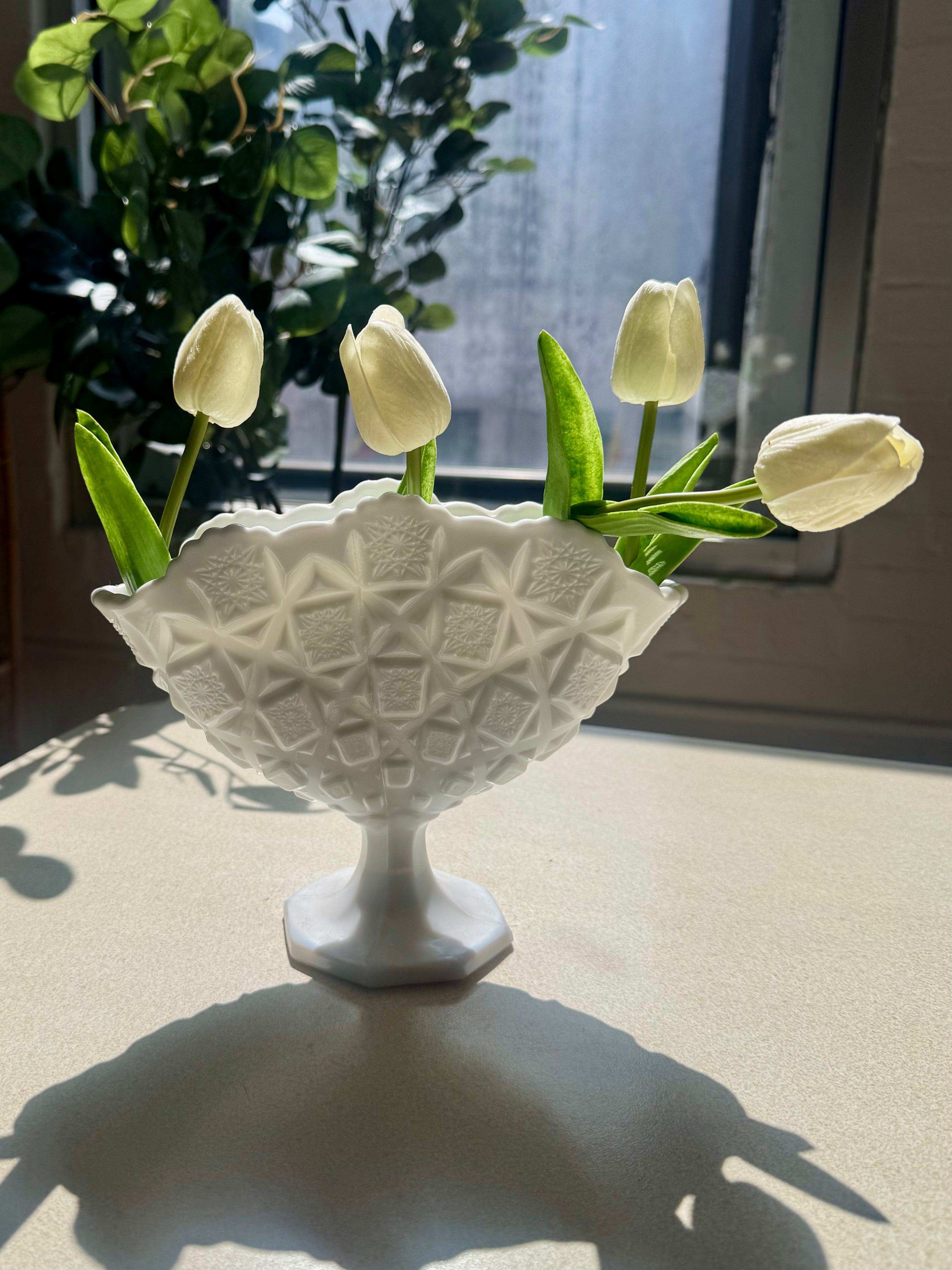 Westmoreland Milk Glass Quilt Patterned Pedestal Fan Vase