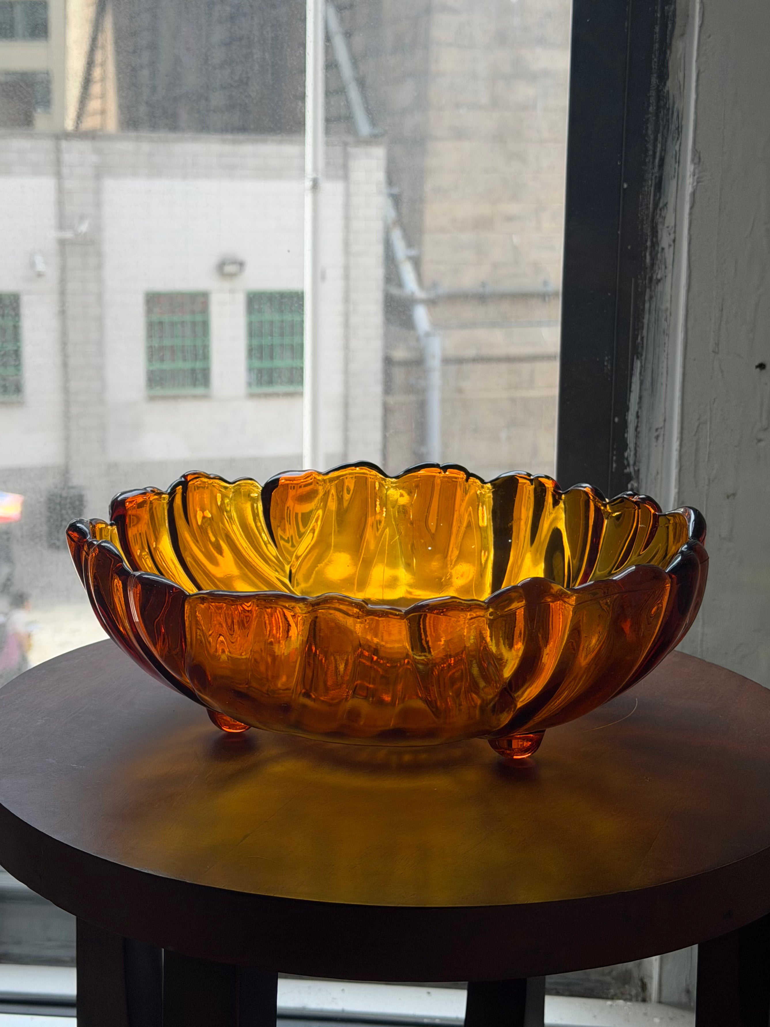 Oversized Footed Scalloped Edge Sunflower Etched Amber Glass Bowl