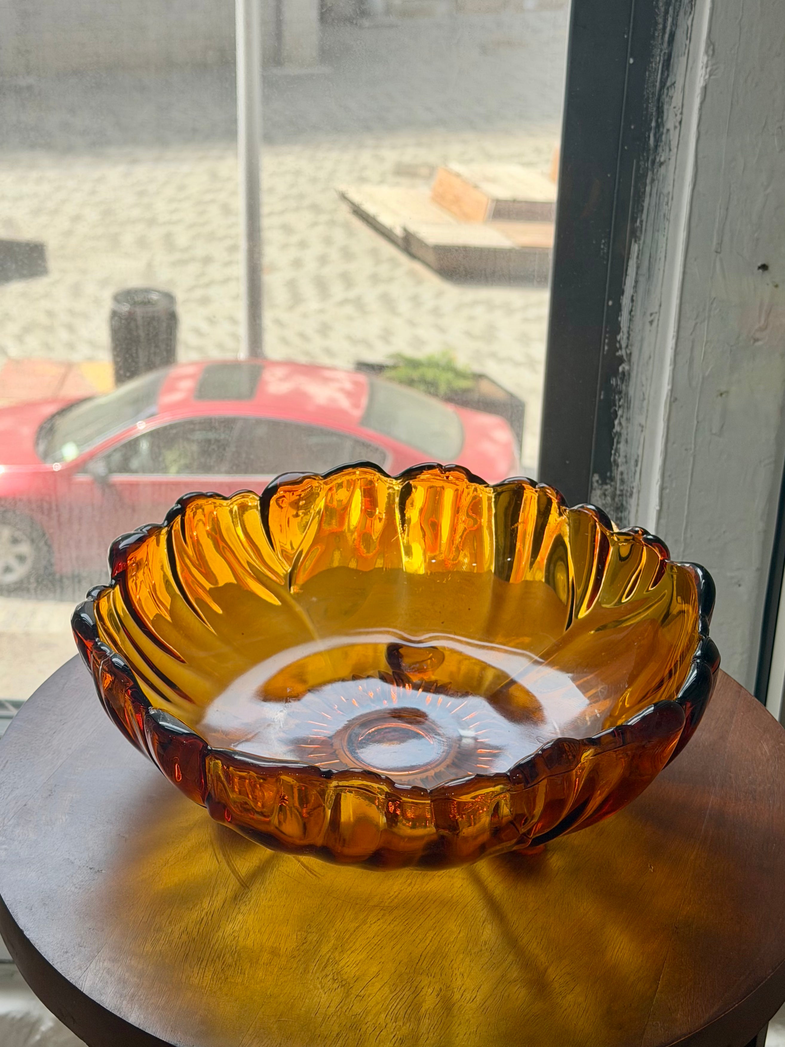 Oversized Footed Scalloped Edge Sunflower Etched Amber Glass Bowl