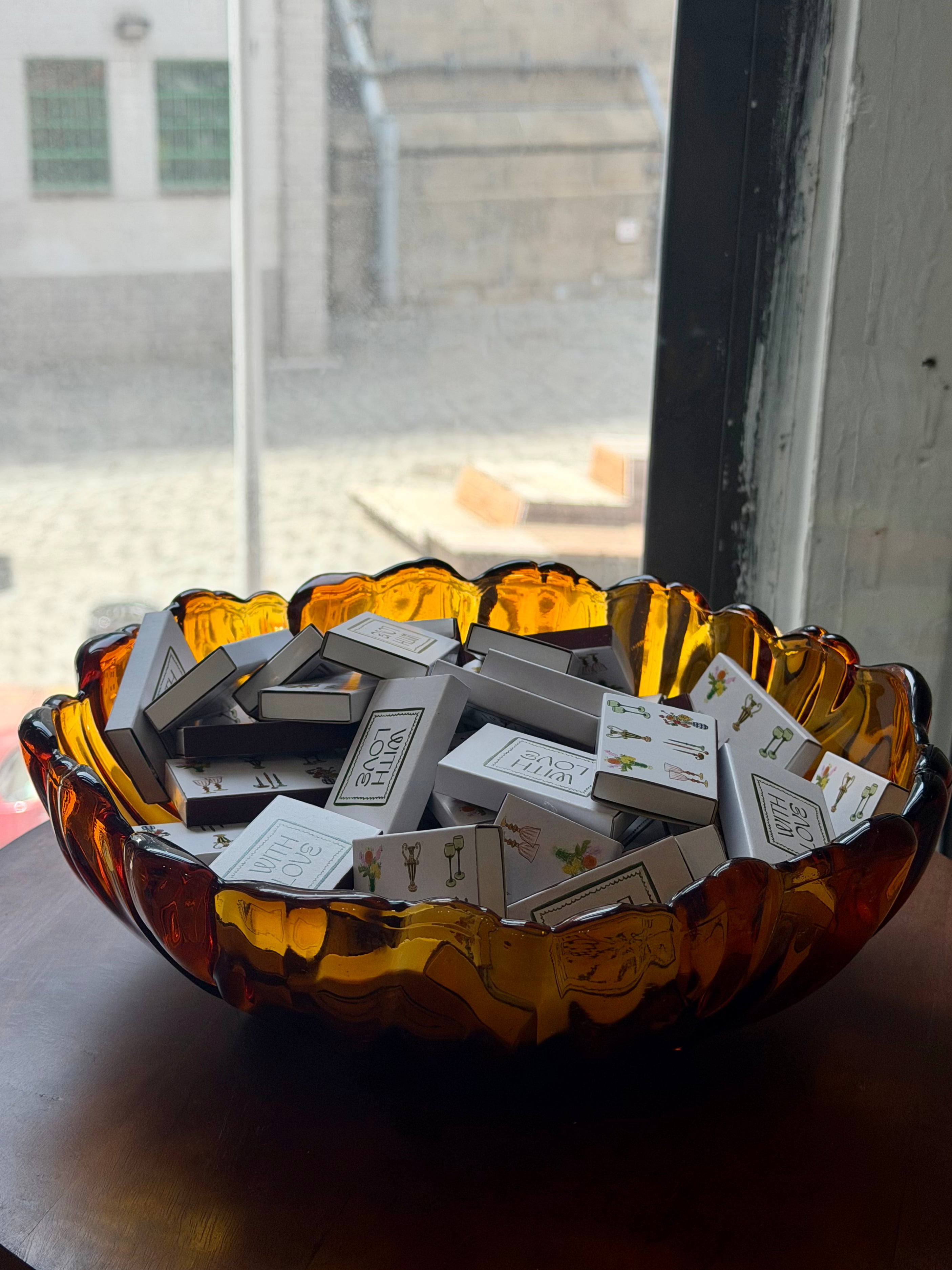 Oversized Footed Scalloped Edge Sunflower Etched Amber Glass Bowl