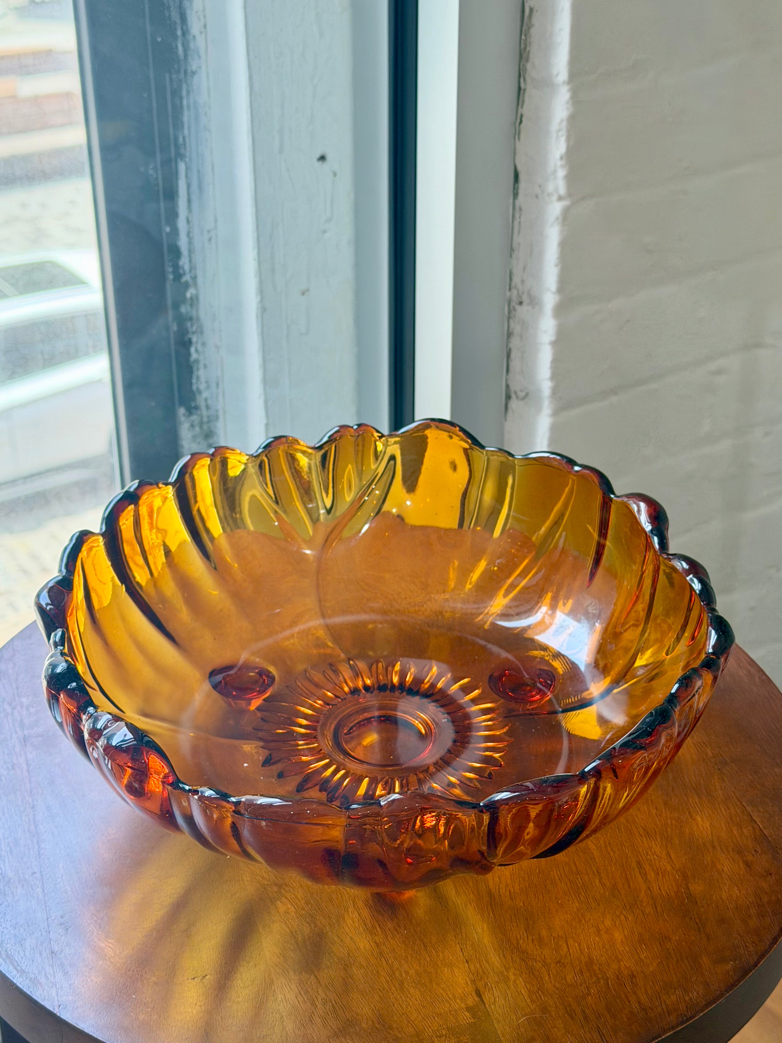 Oversized Footed Scalloped Edge Sunflower Etched Amber Glass Bowl