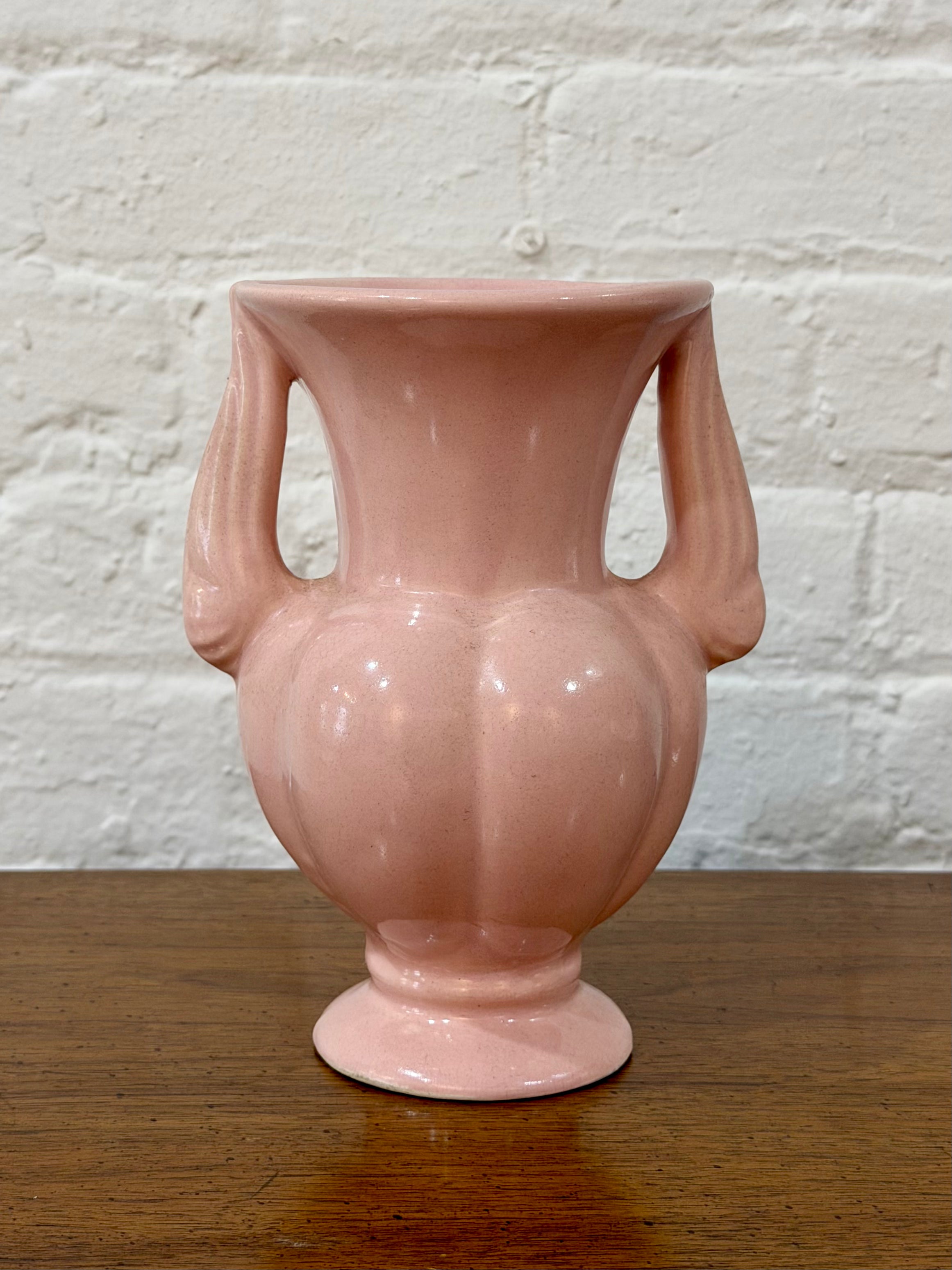 Mid Century Pink Ceramic Ribbed Double Handled Vase