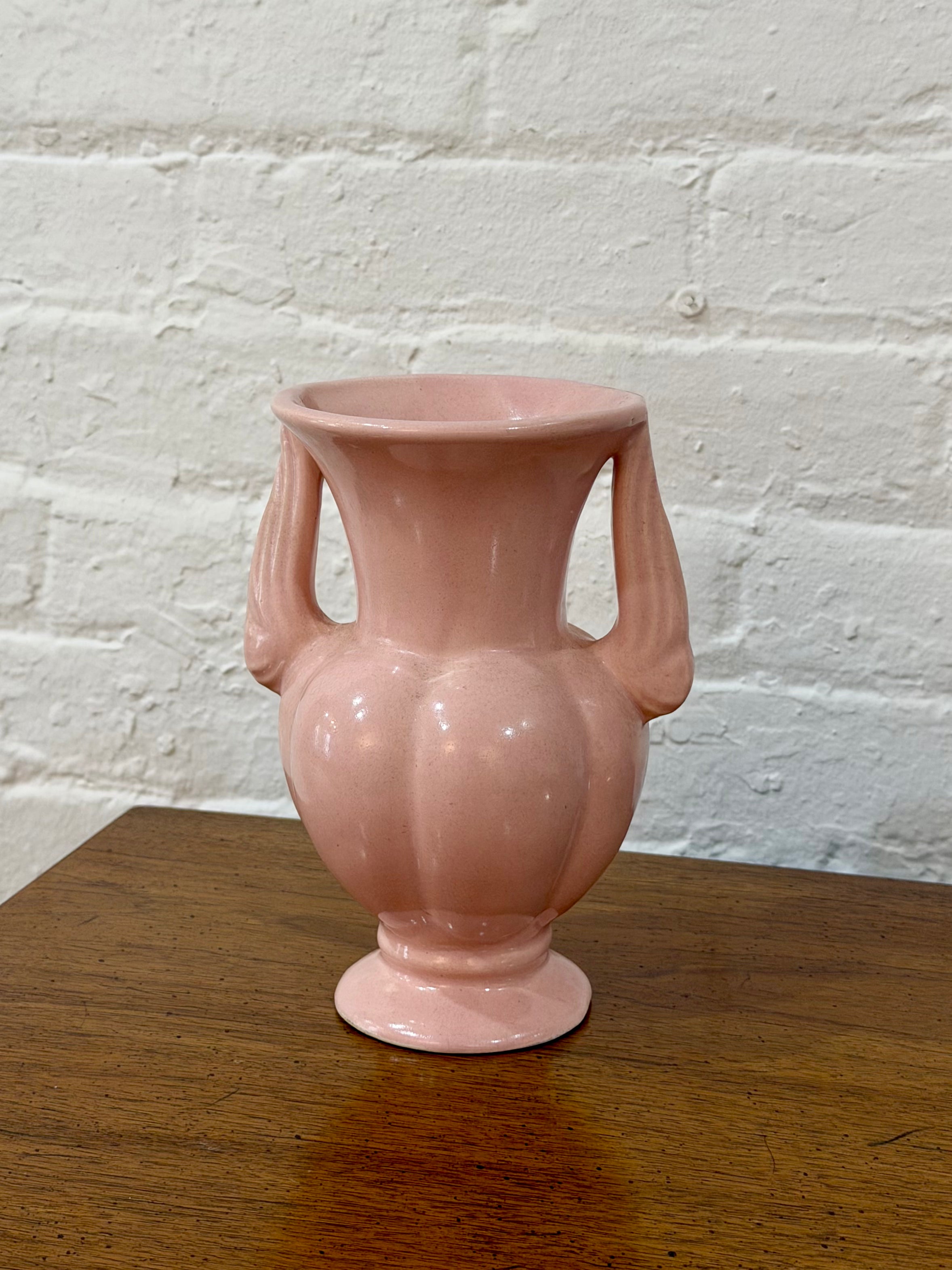 Mid Century Pink Ceramic Ribbed Double Handled Vase