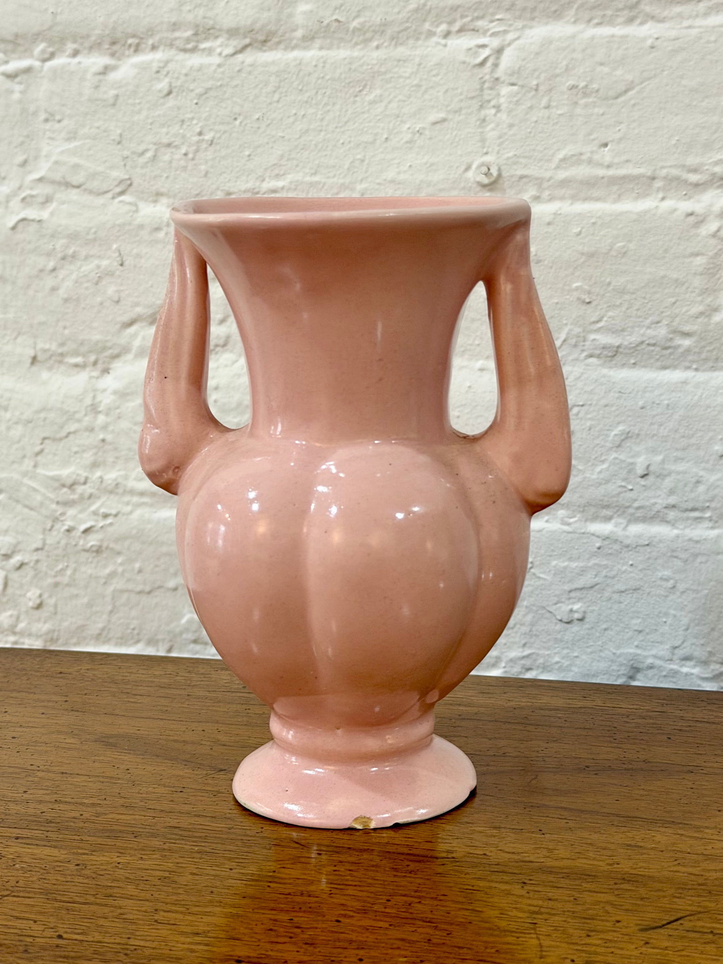 Mid Century Pink Ceramic Ribbed Double Handled Vase