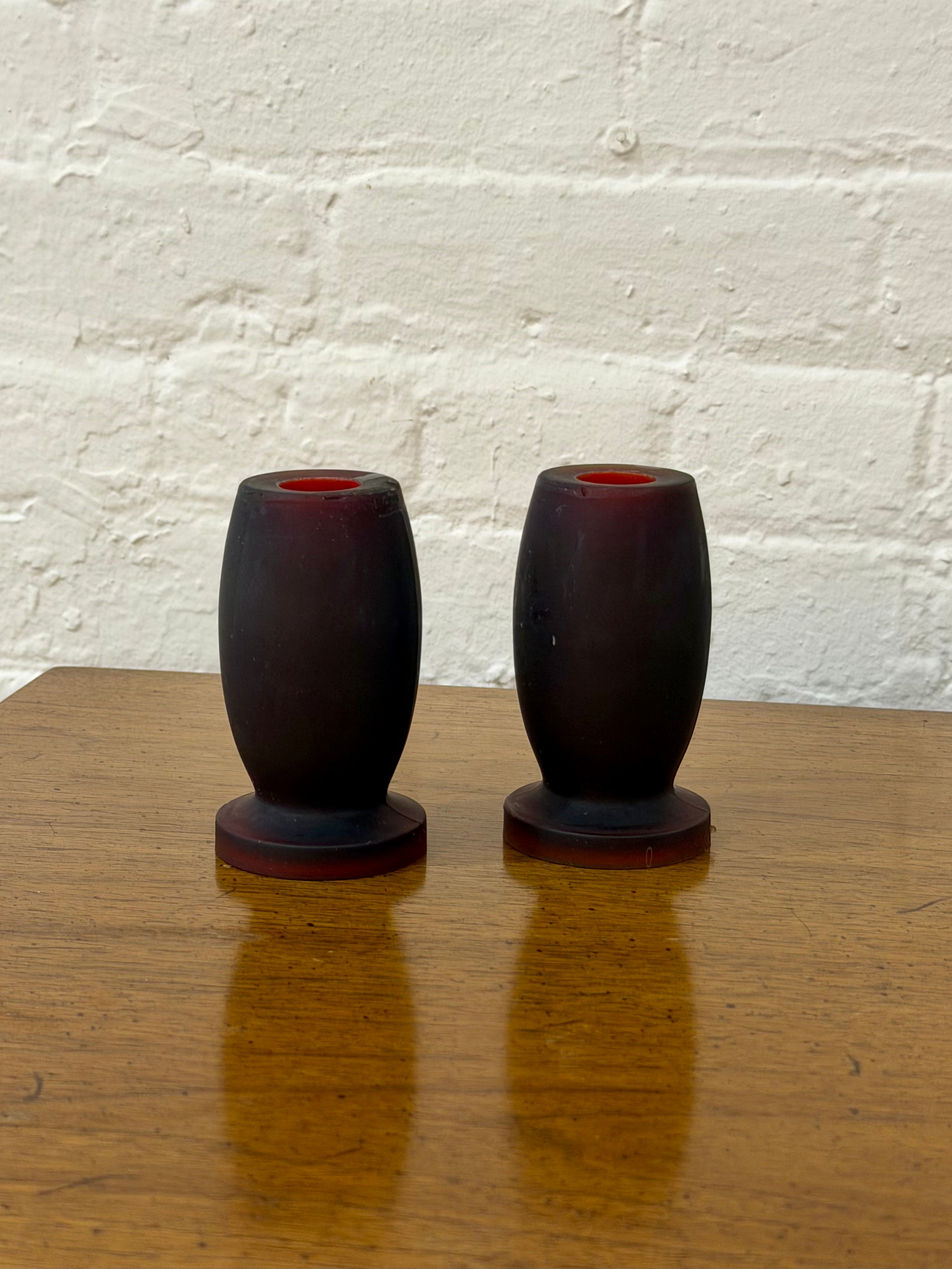 Pair of Red Frosted Glass Candlestick Holders