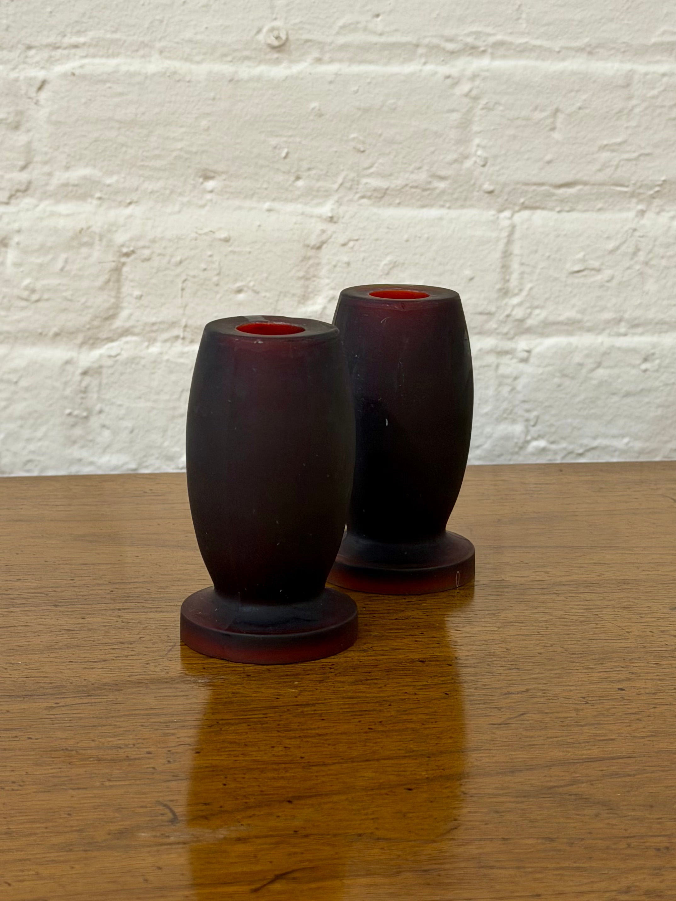 Pair of Red Frosted Glass Candlestick Holders