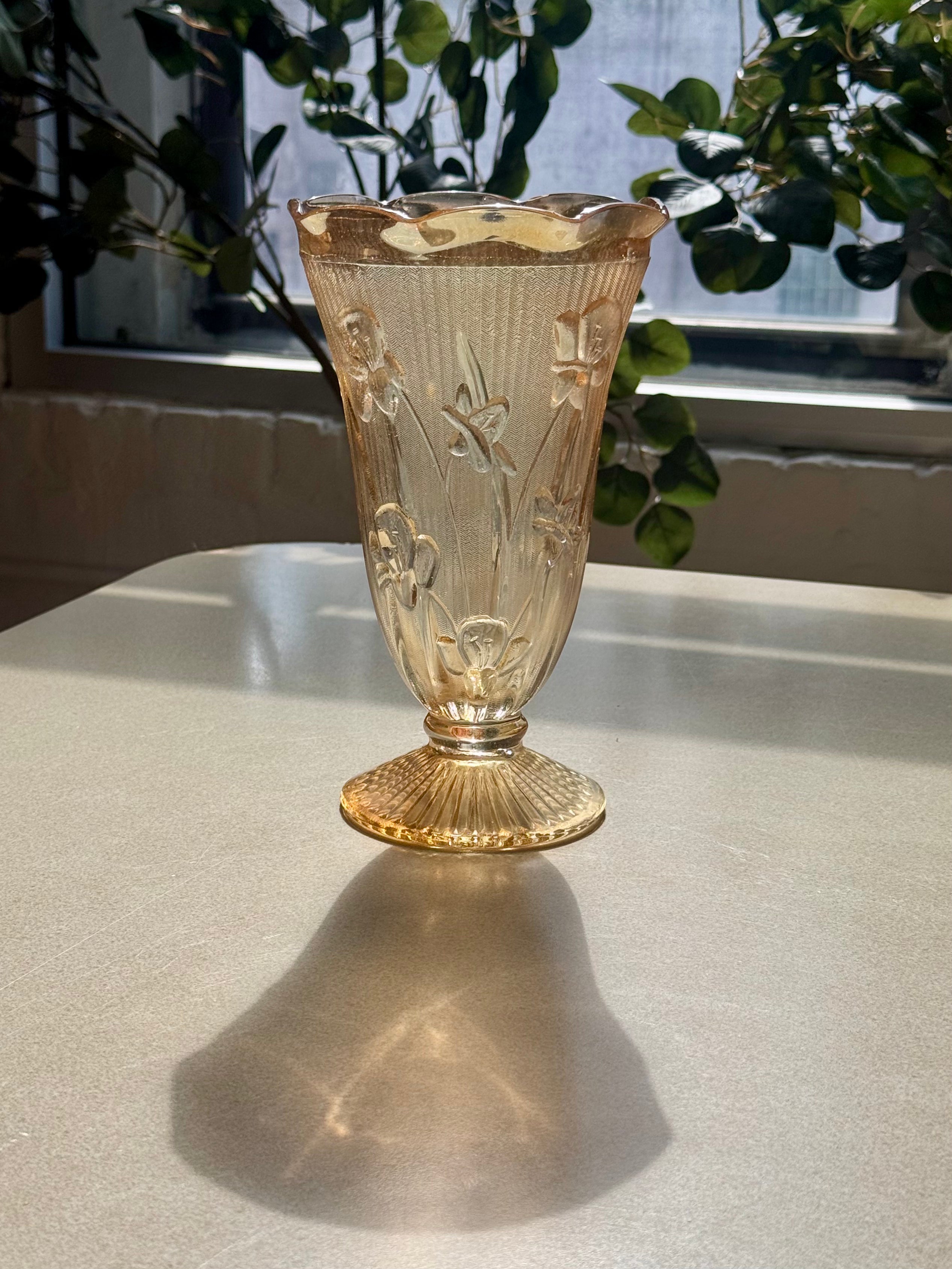 Vintage Jeannette Glass Iris and Herringbone Iridescent Vase