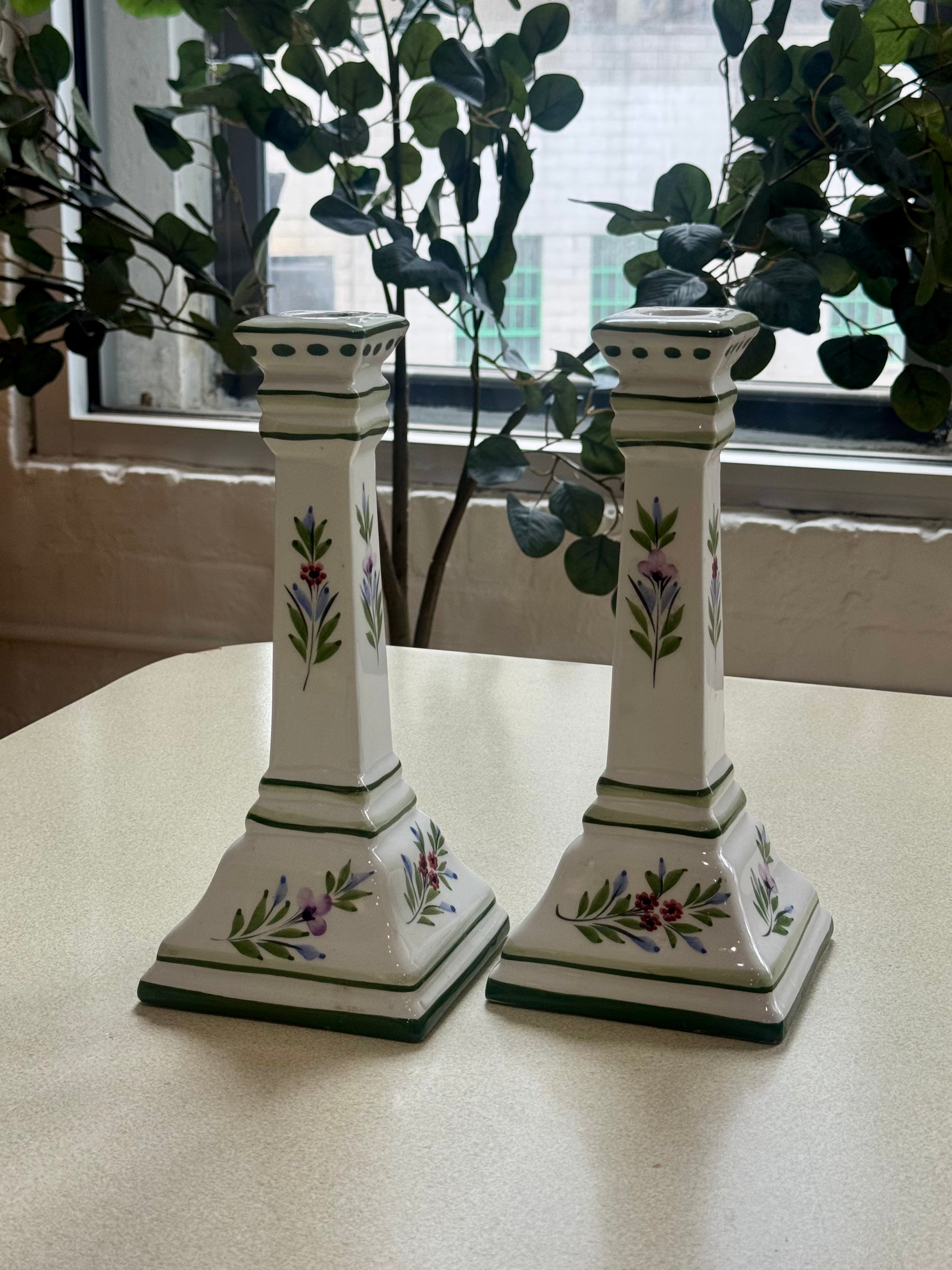 Pair of Hand Painted Porcelain Candle Holders