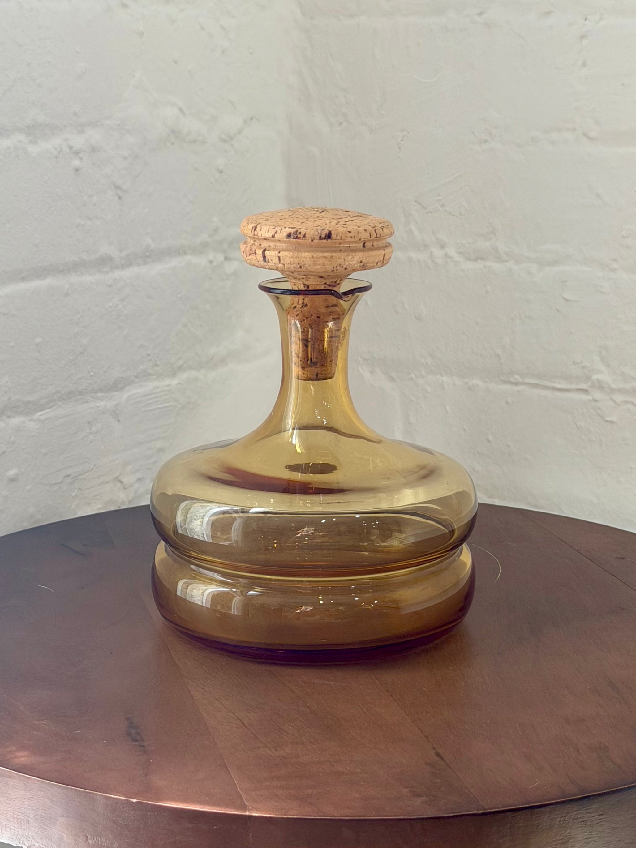 Mid Century Amber Glass Decanter with Cork Stopper