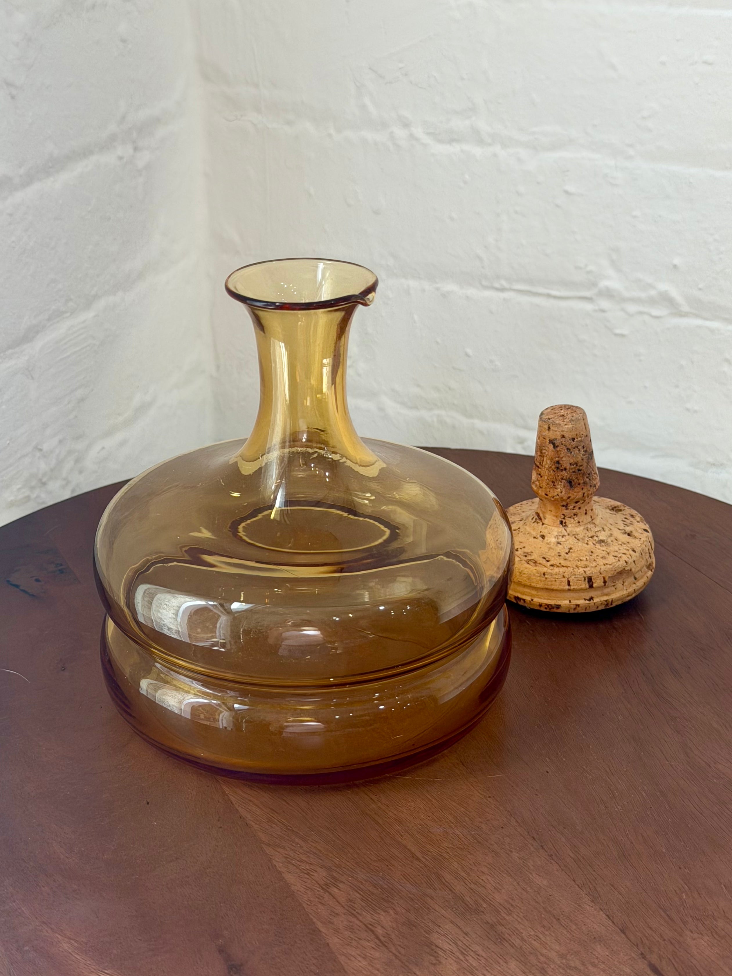 Mid Century Amber Glass Decanter with Cork Stopper