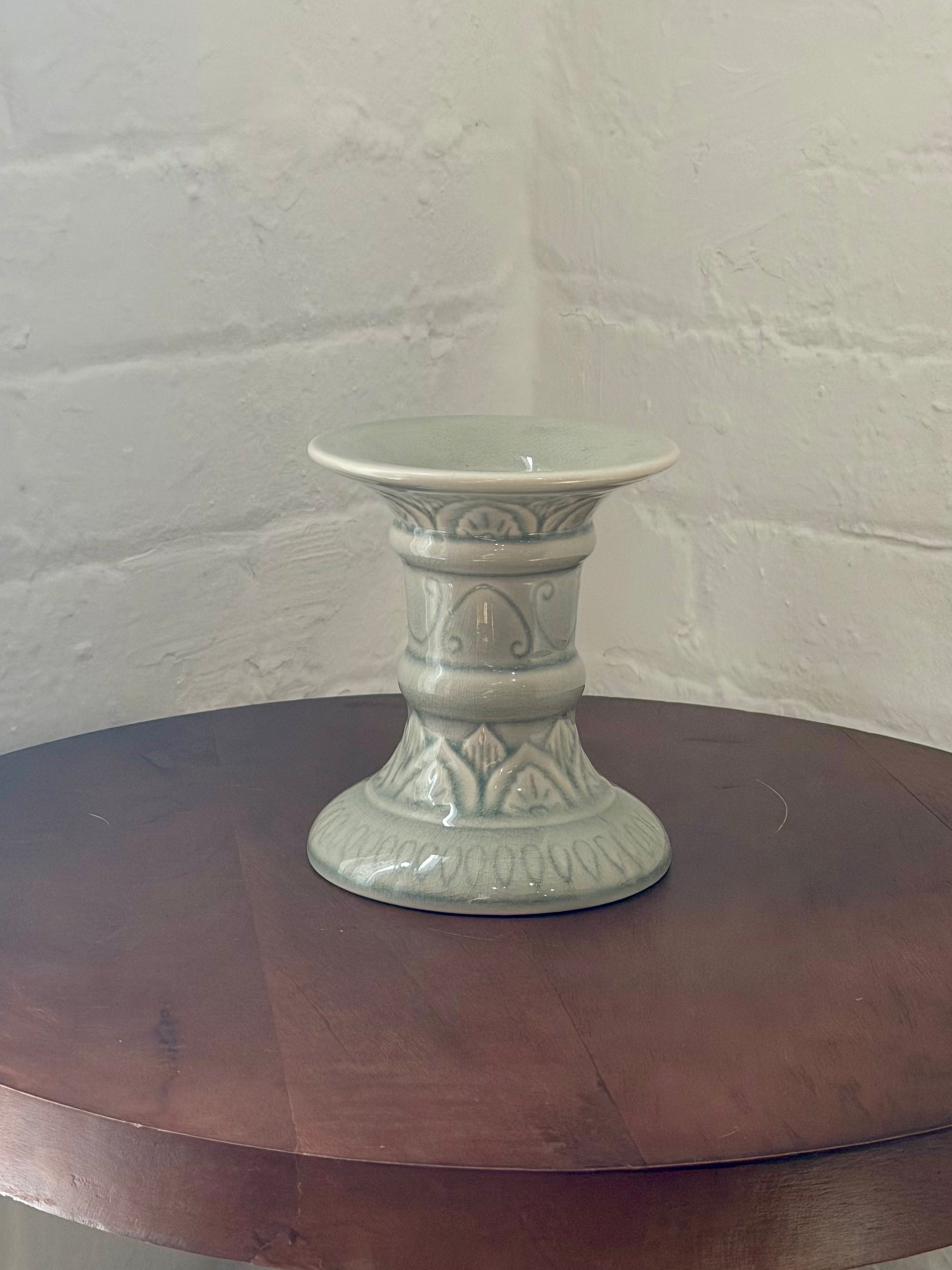 Ceramic Candlestick Holder with Embossed Botanical Detail